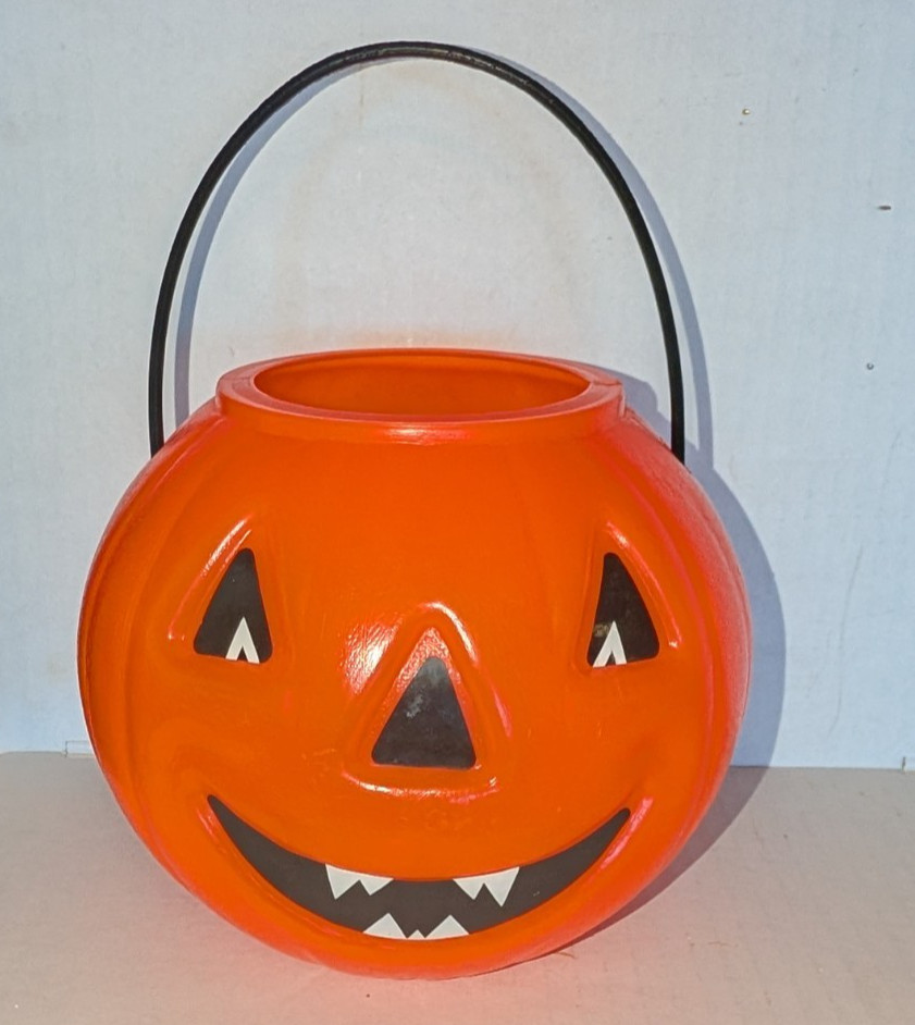 Vtg Come Play Halloween Candy Bucket Pail Jack O Lantern Stickers Blow mold H4