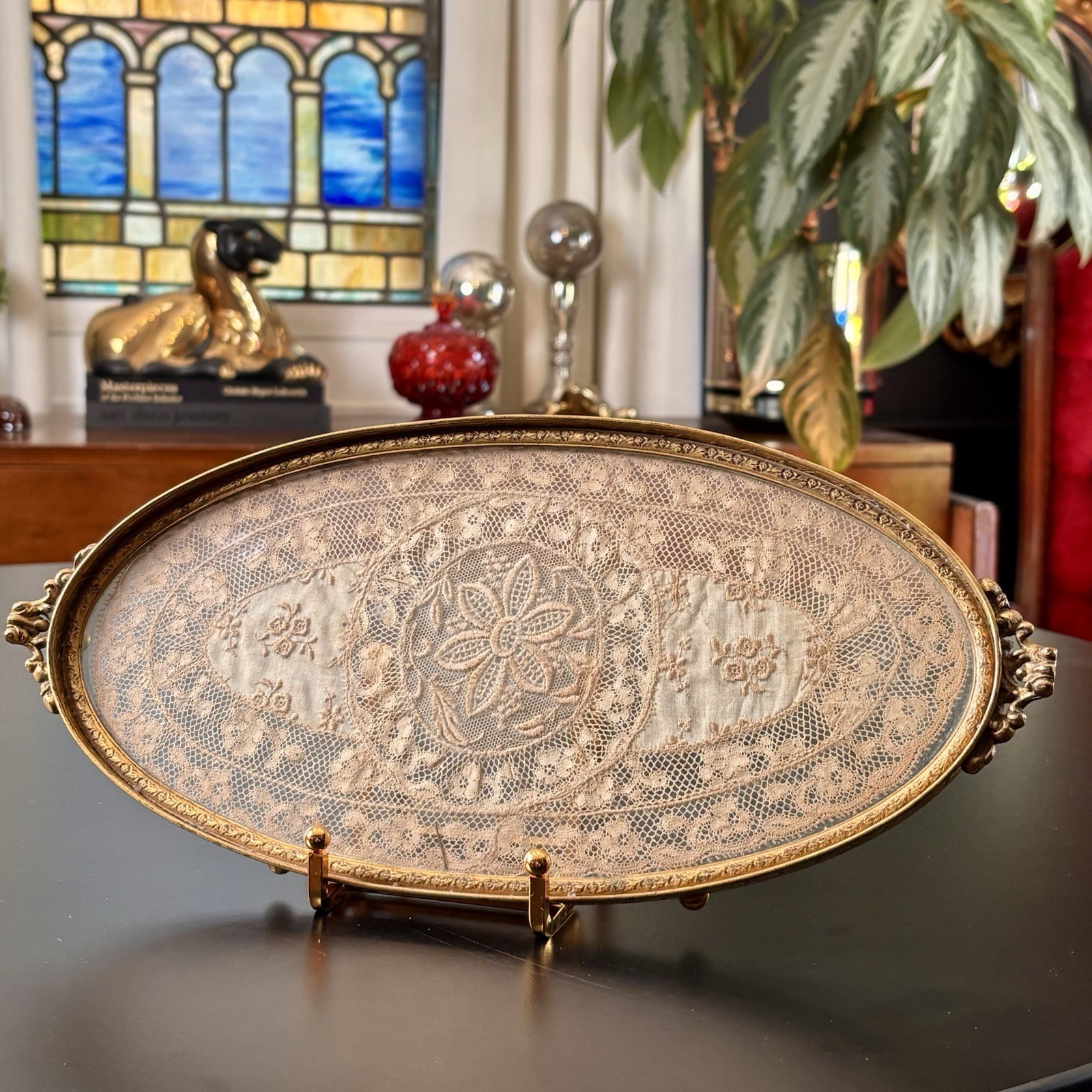 Vtg Victorian Glass Vanity Perfume Tray Lace Doily Cloth Inside Oval Brass Frame