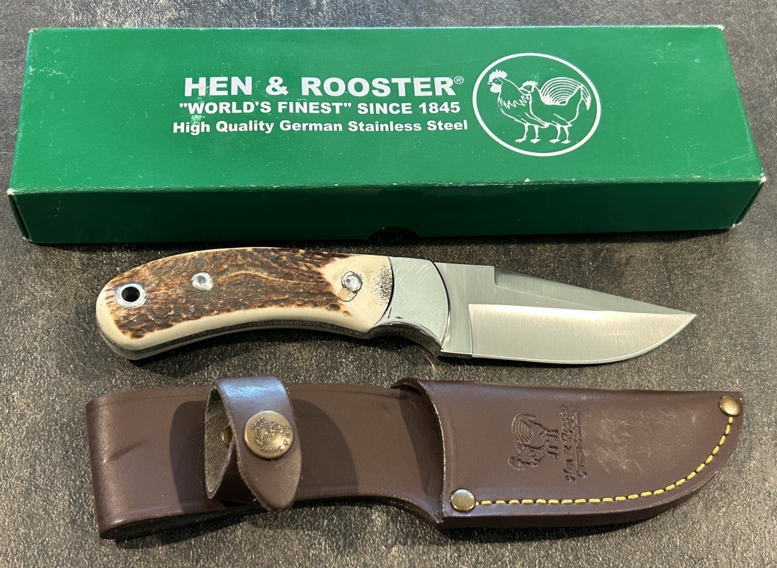 Vtg Hen & Rooster Fat Stag High-Contour 3158 Fixed Blade Knife w/ Box & Sheath