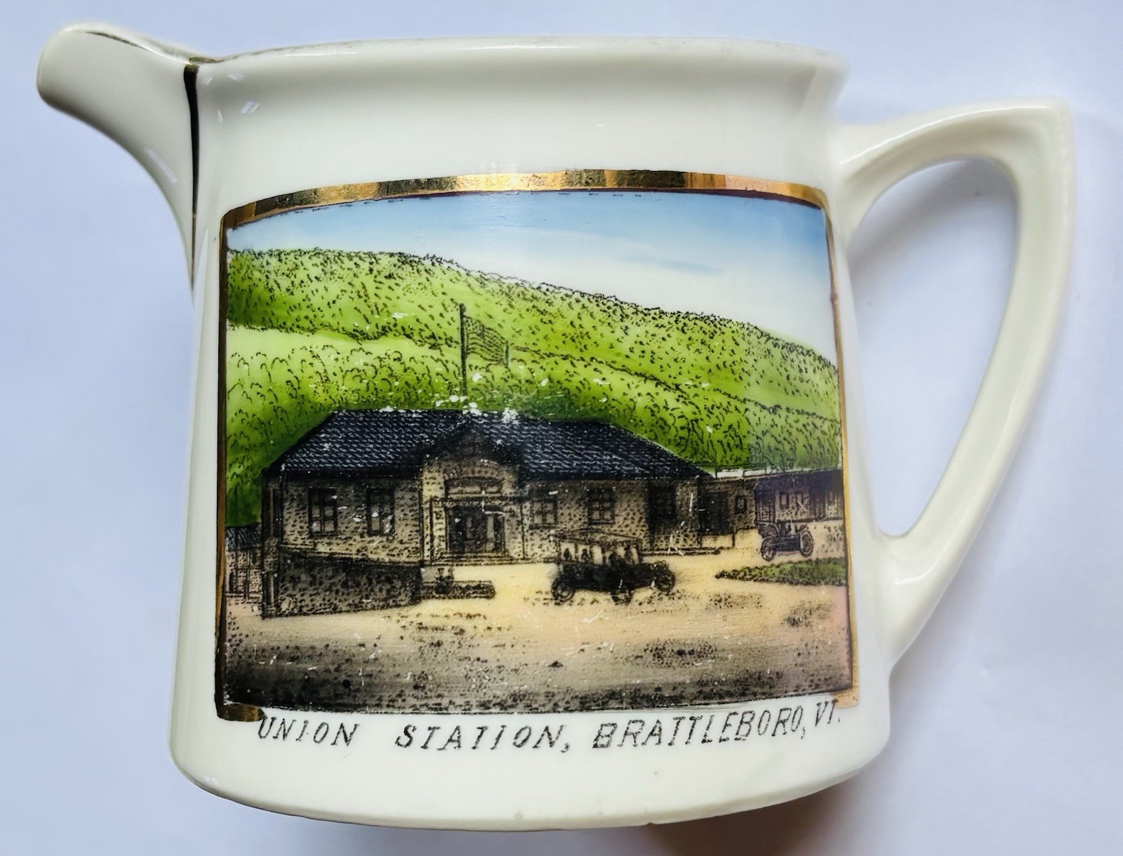 C. 1910 Union Station, Brattleboro, Vermont German Souvenir Creamer