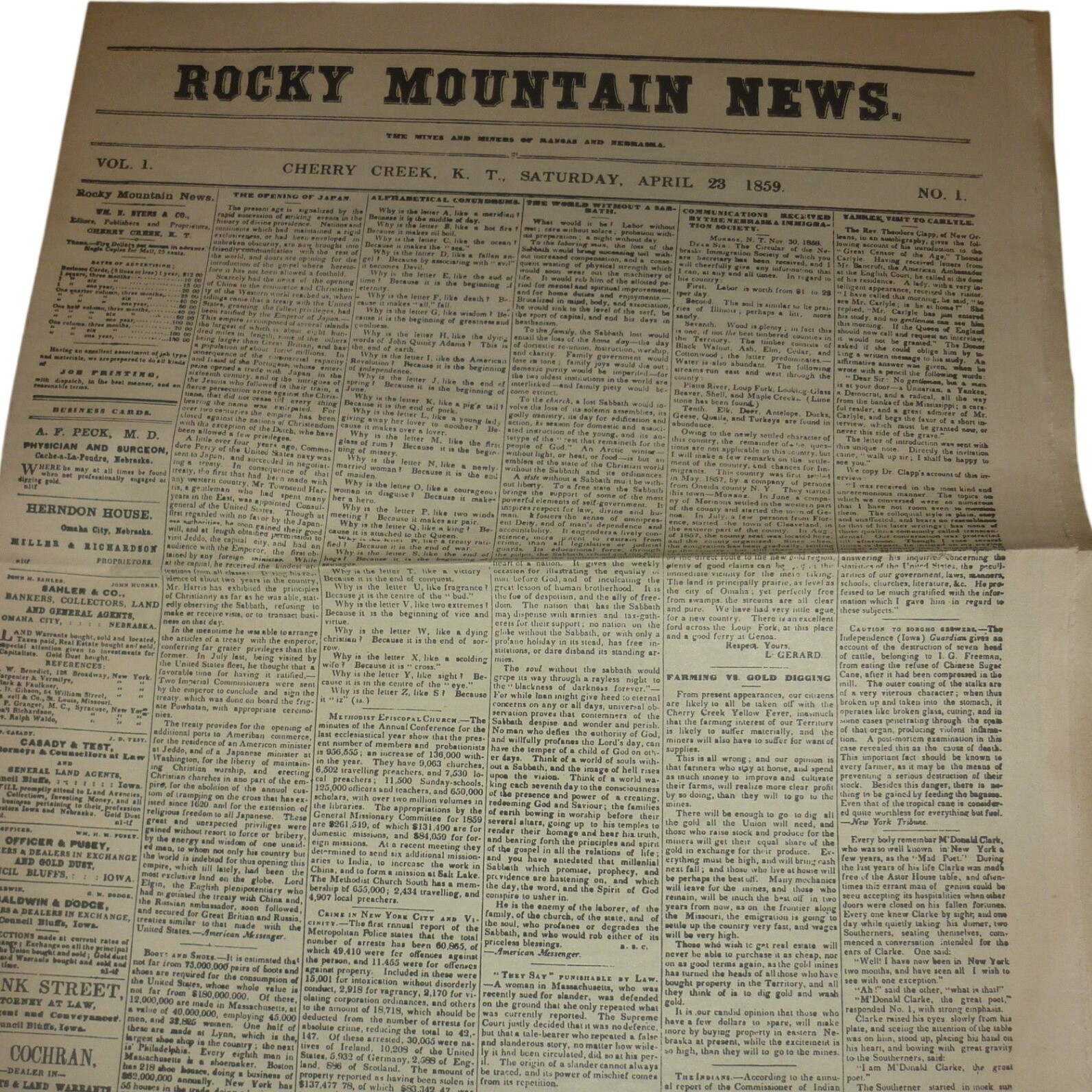 1859 Rocky Mountain News Centennial Vol 1 No 1 Newspaper Reprint Colorado Vtg