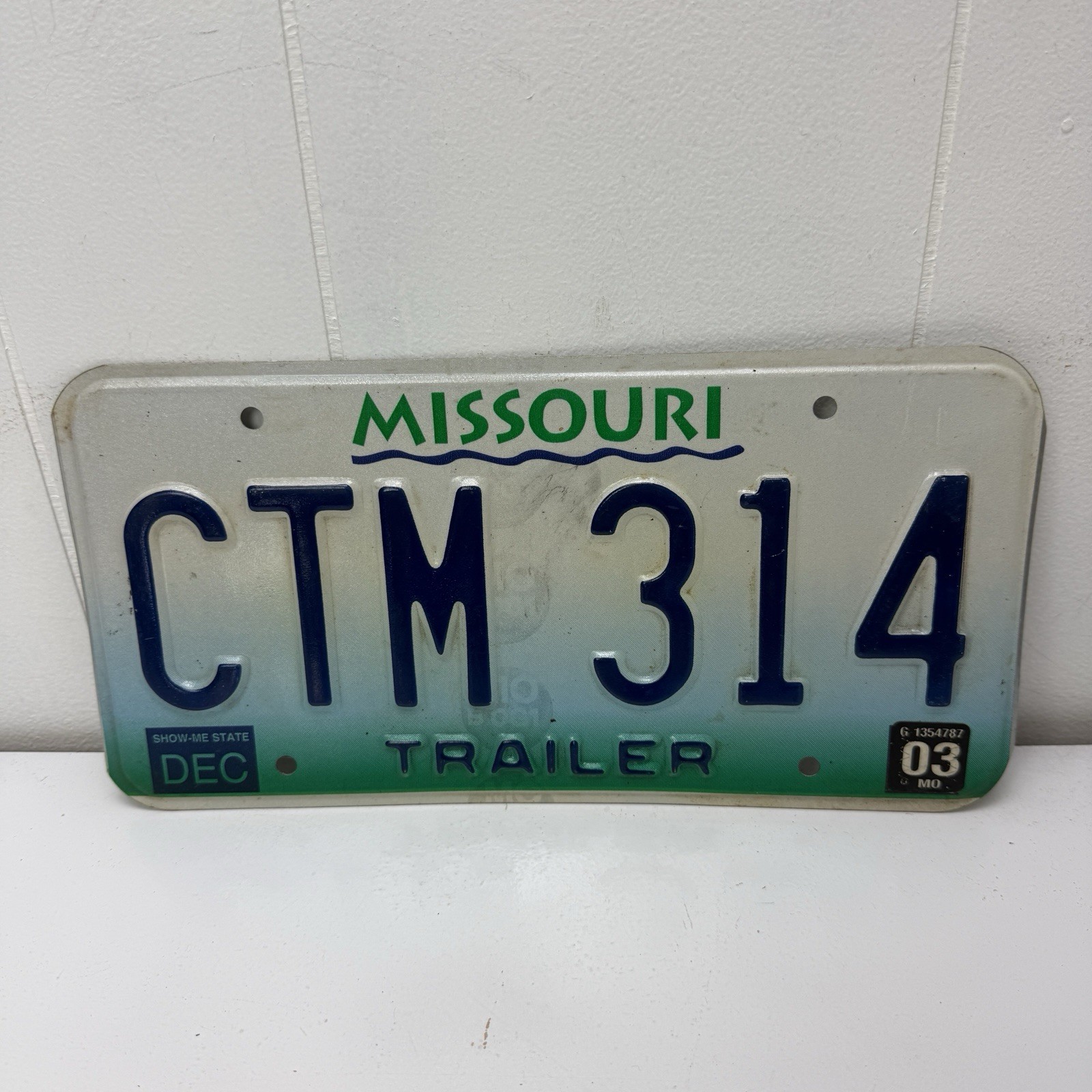 Vintage MISSOURI License Plate CTM 314 Trailer Green Yellow DEC 2003