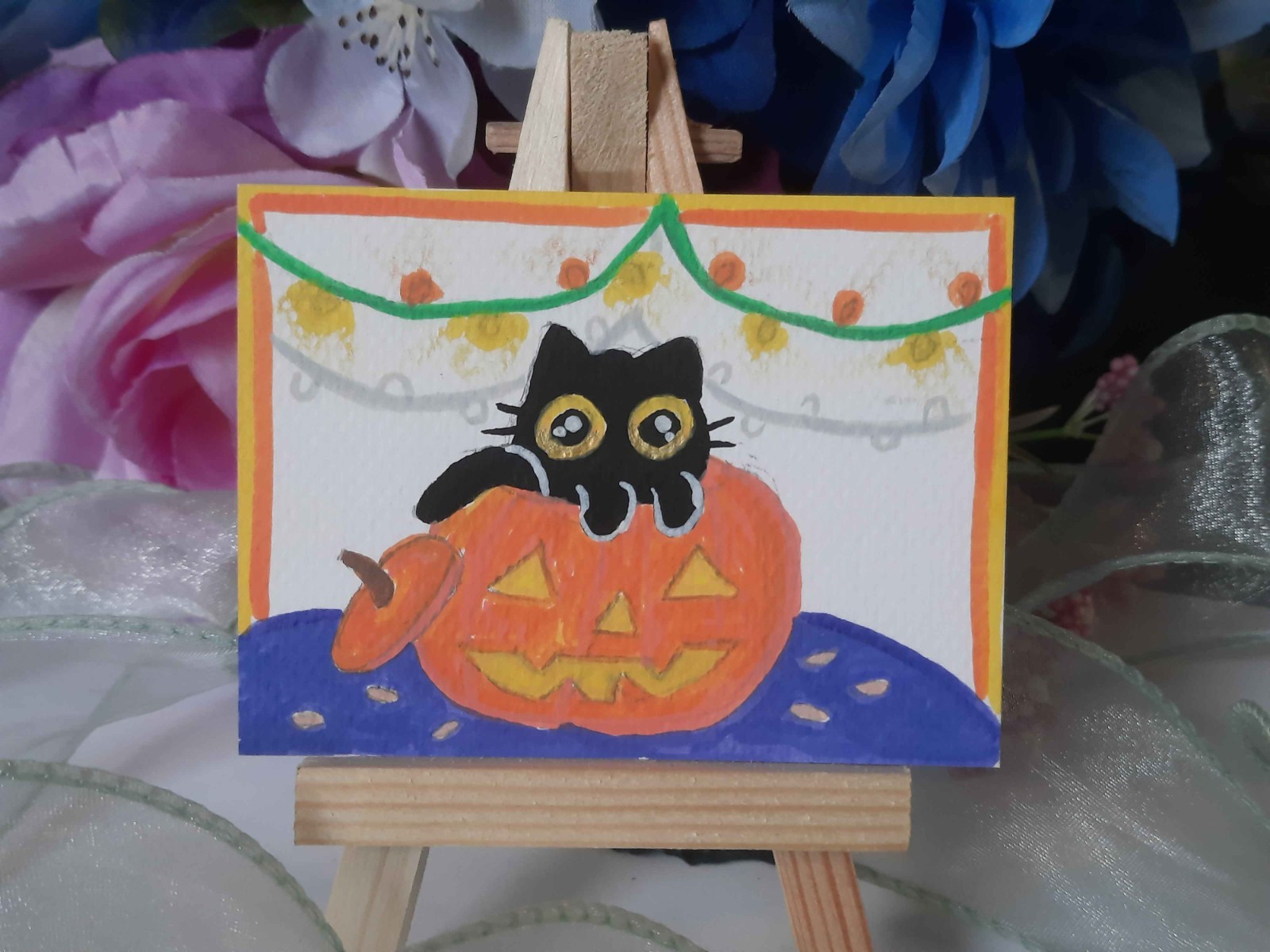 ACEO Original Cute Pumpkin Carving Cat 2.5\