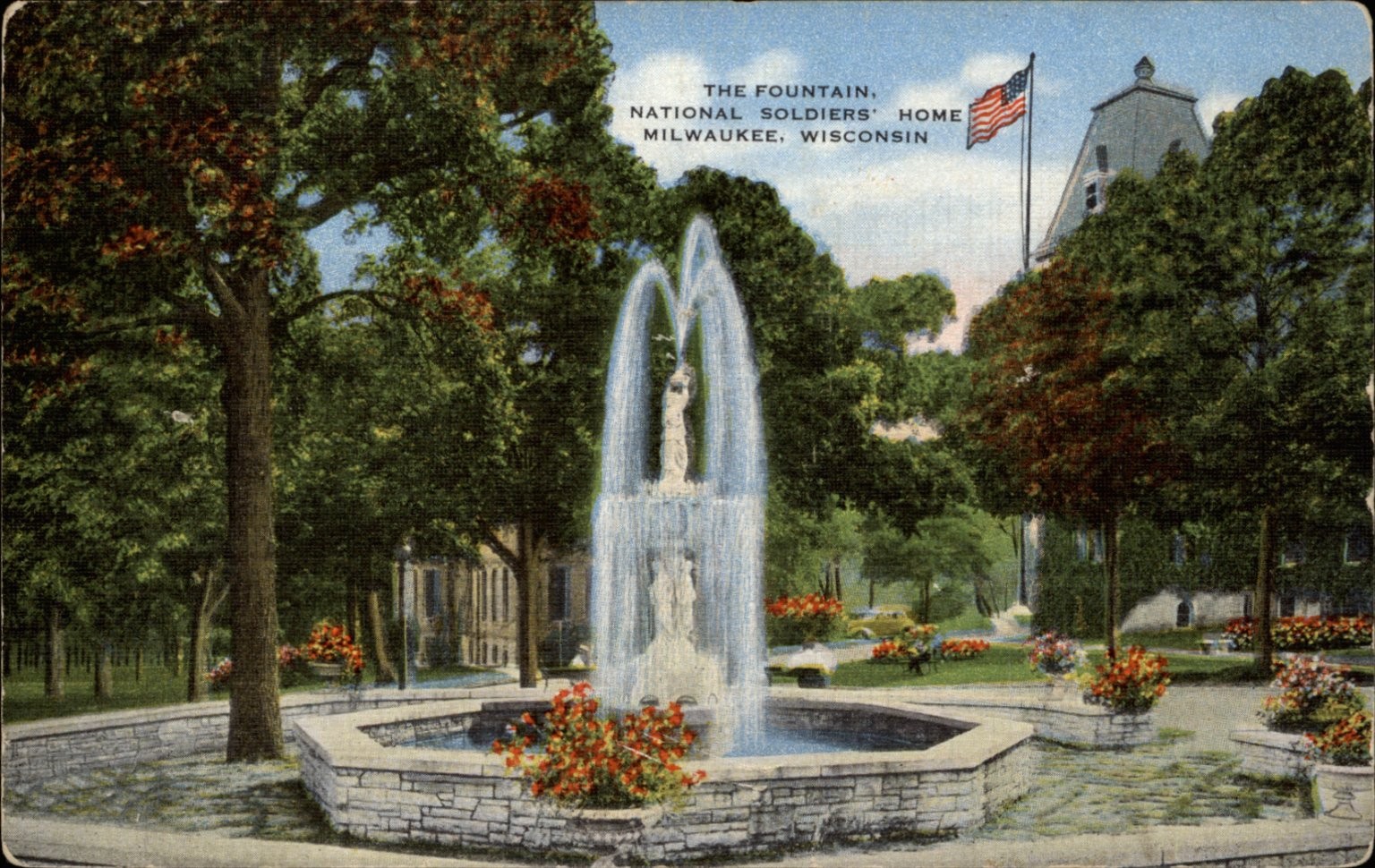 National Soldiers Home Fountain Milwaukee WI vintage postcard d58