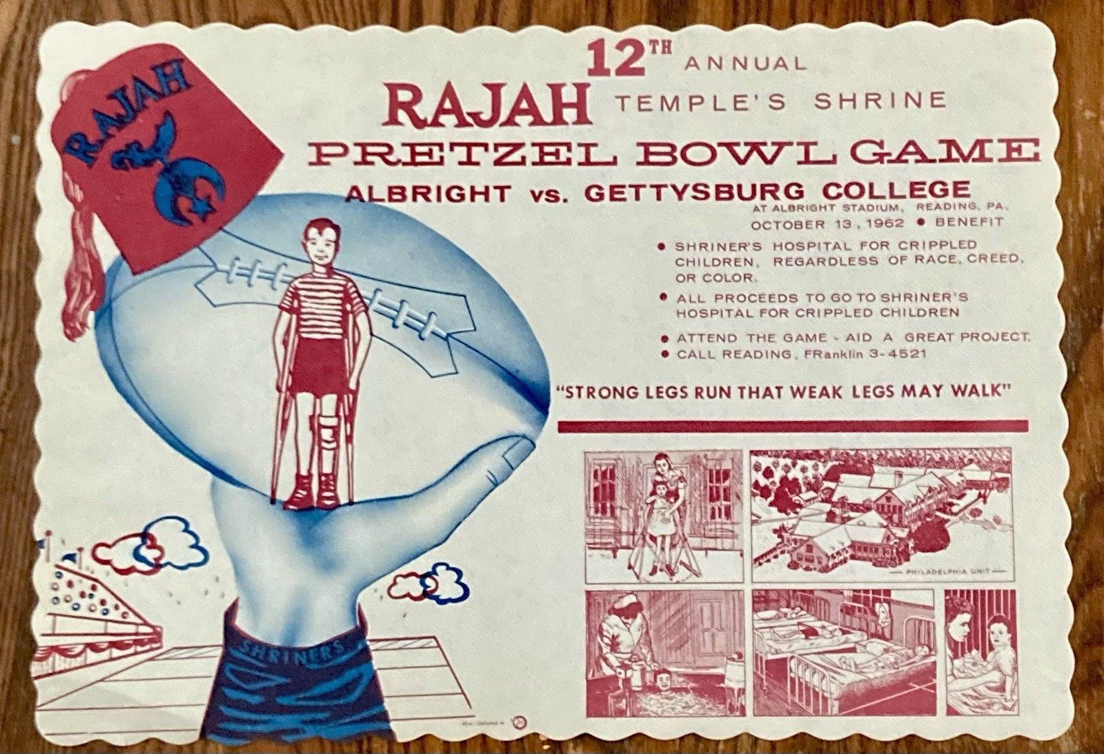 Shriners Placemat - Albright vs Gettysburg College Pretzel Bowl Benefit Game \'62