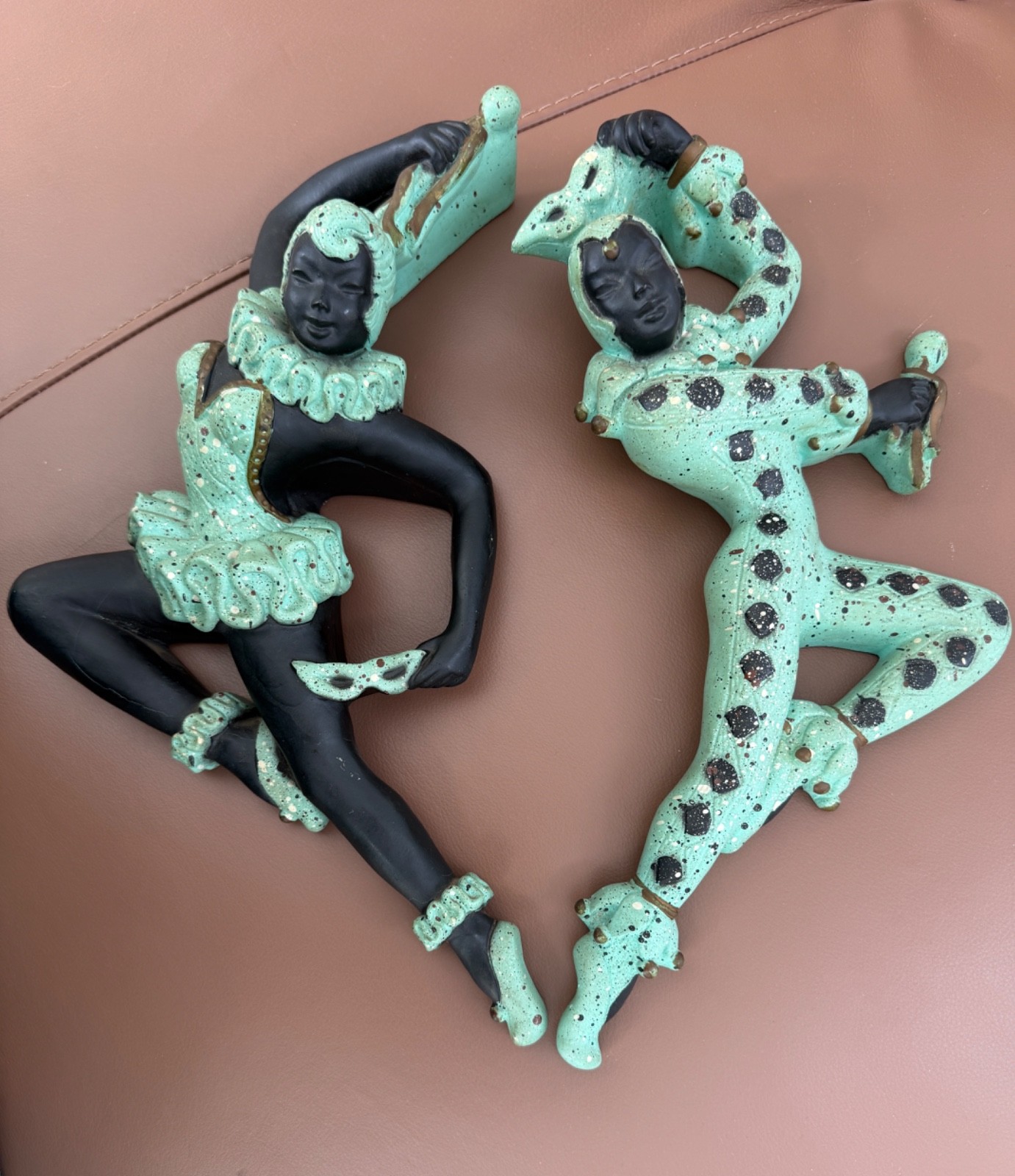 PAIR OF VINTAGE MID CENTURY UNIVERSAL STATUARY CHALK WARE HARLEQUIN DANCERS