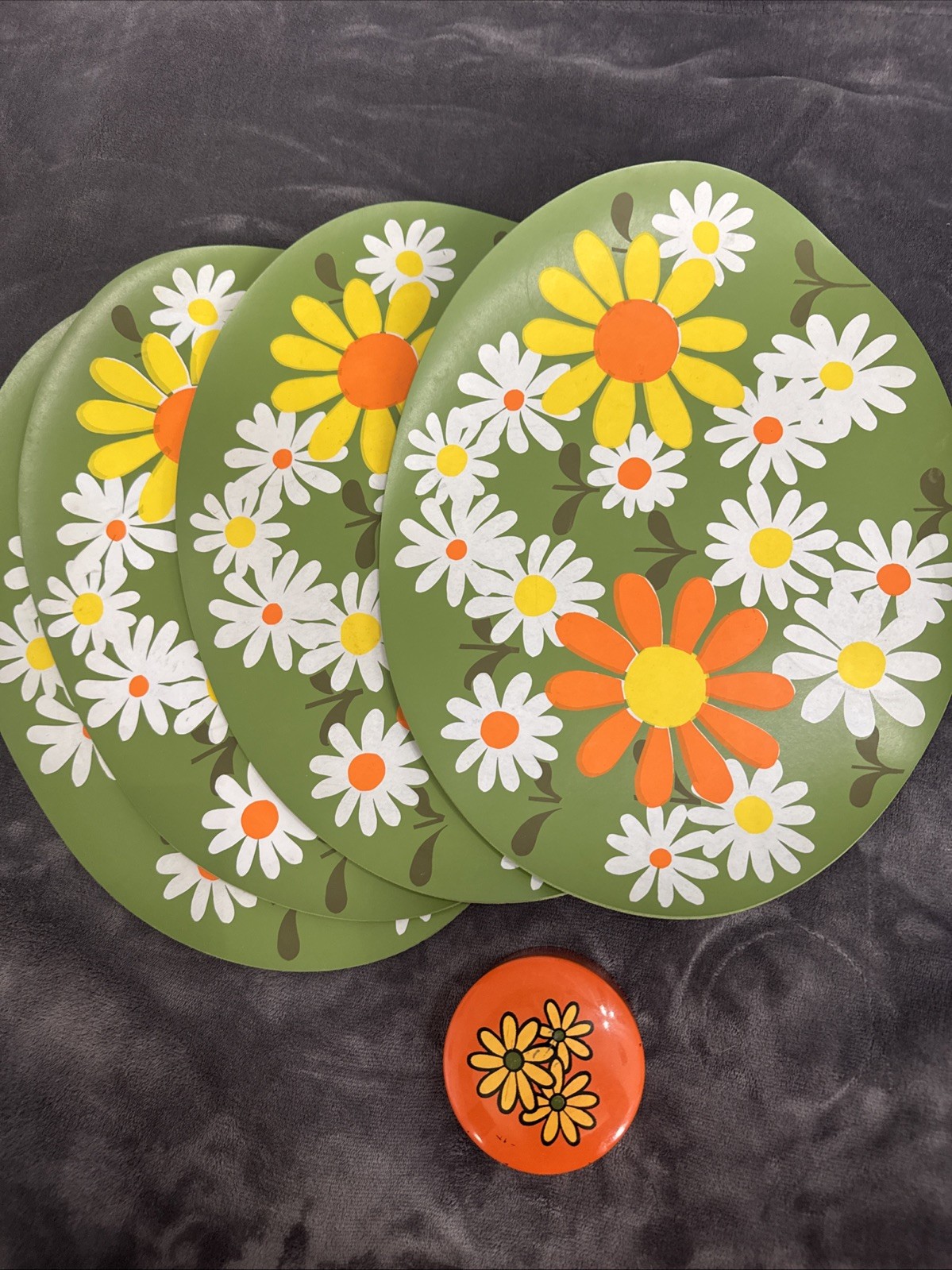 Vintage 1970s Flower Power Dining Set-4 Coasters Canister, 4 Green Placemats