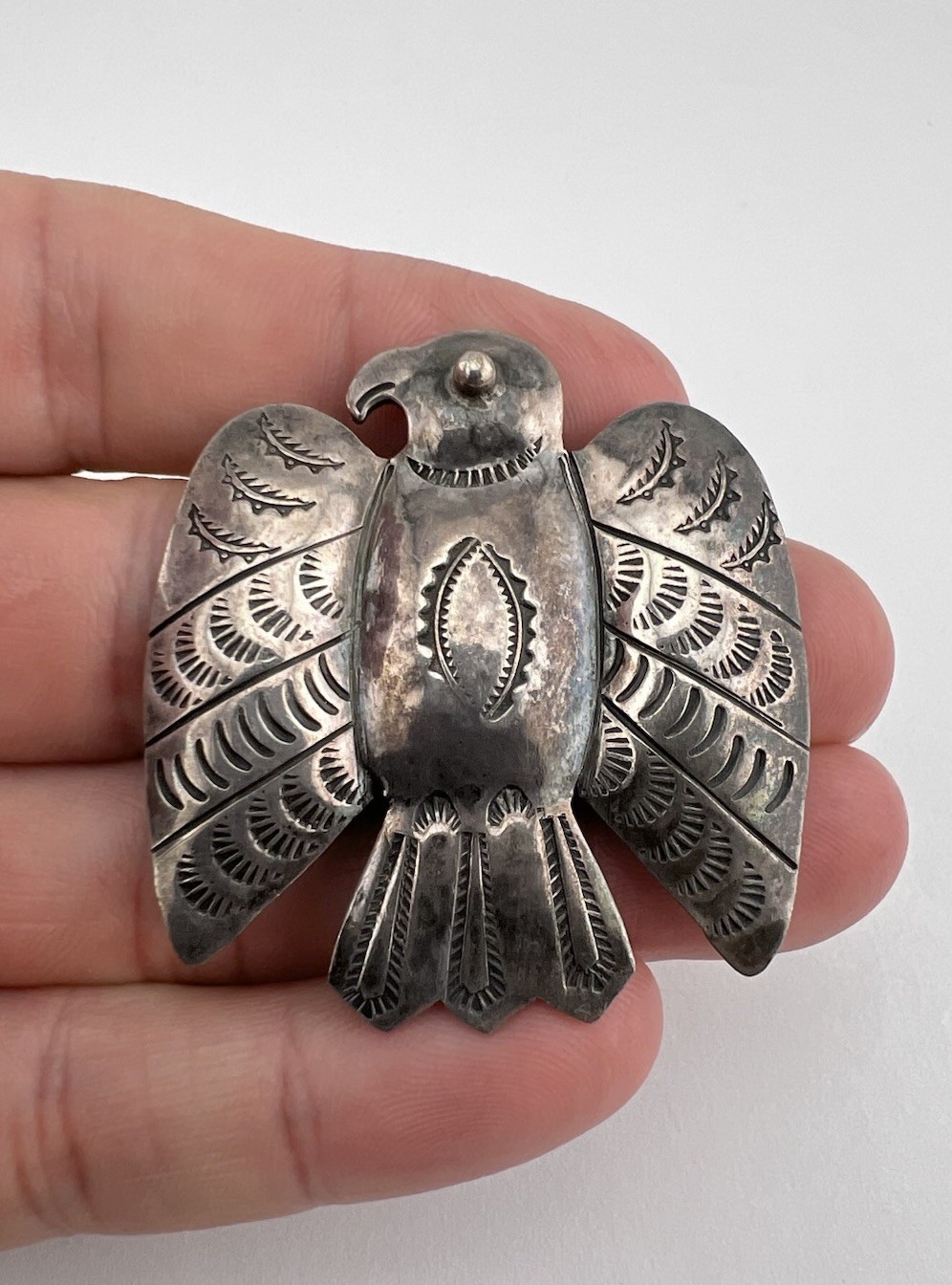 Early Old 1940's Navajo Sterling Silver Chiseled Stamped Thunderbird Pin Brooch