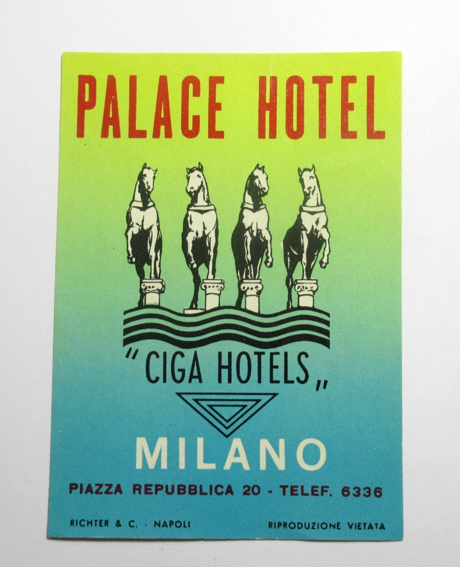Original Vintage Palace Hotel Milano Italy Luggage Label Mid-Century CIGA