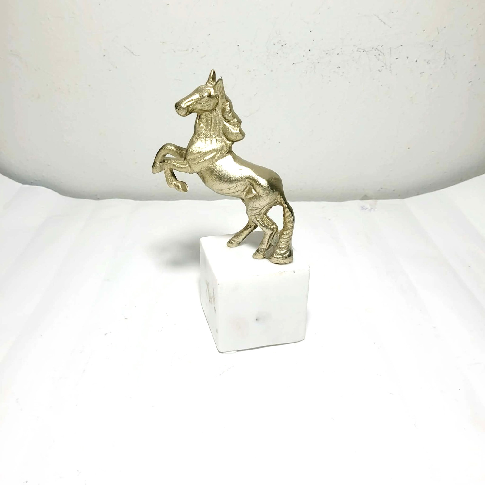 Vintage Solid Brass Horse Statue Sculptural Equestrian Decor Marble Base
