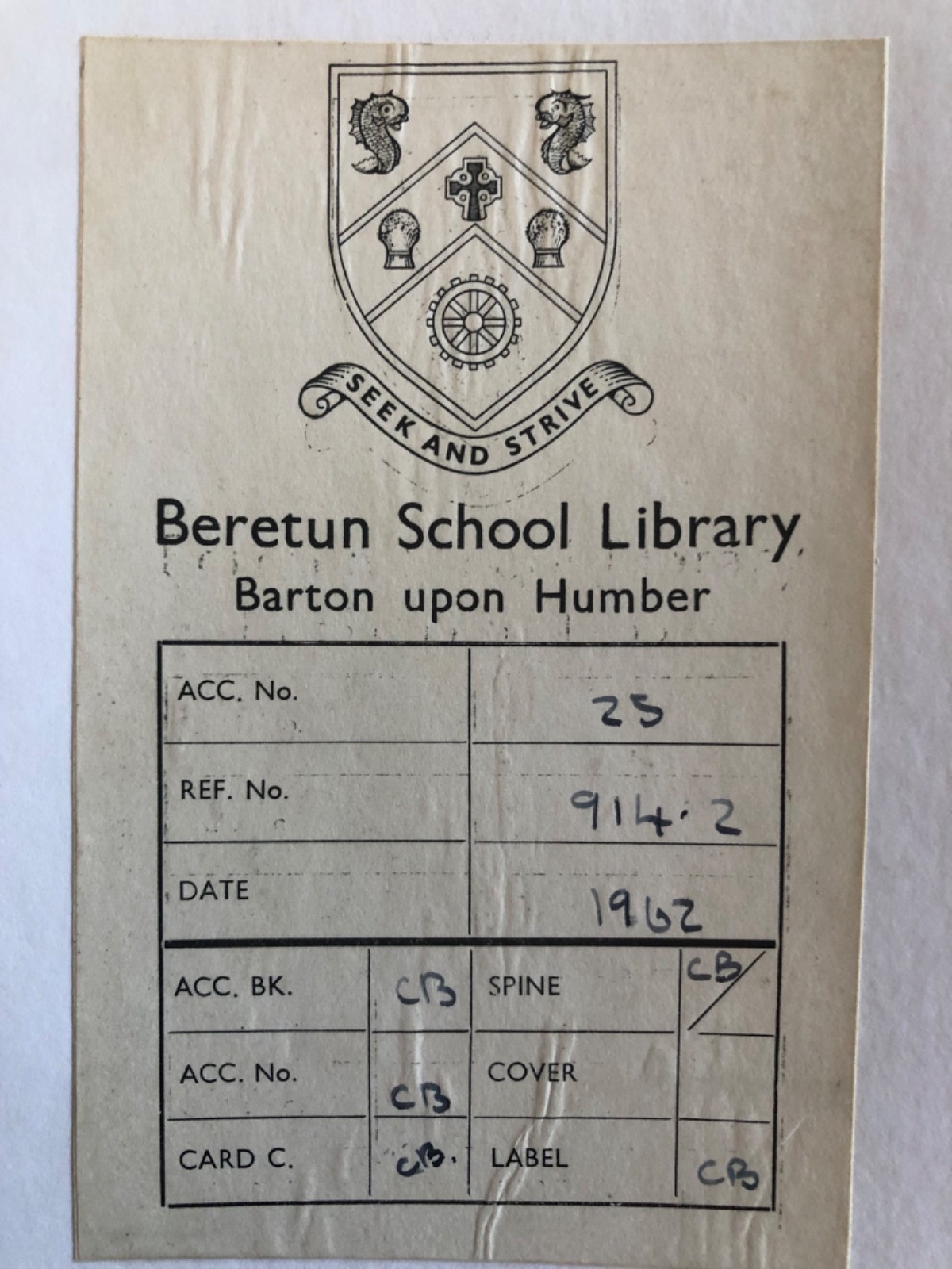 Vintage 1962 Breton School Library Barton upon Humber book label