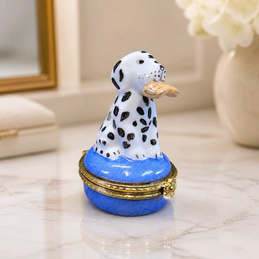 Limoges Dalmatian Puppy with Item in Mouth Sitting on Blue Trinket Box WHIMSICAL