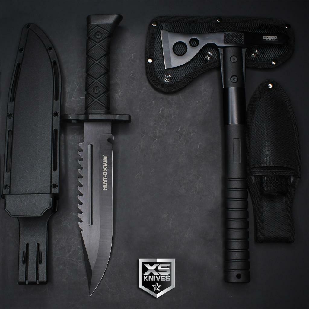 2pc Black Tactical COMBAT Fixed Blade Knife TOMAHAWK Throwing AXE SURVIVAL Set