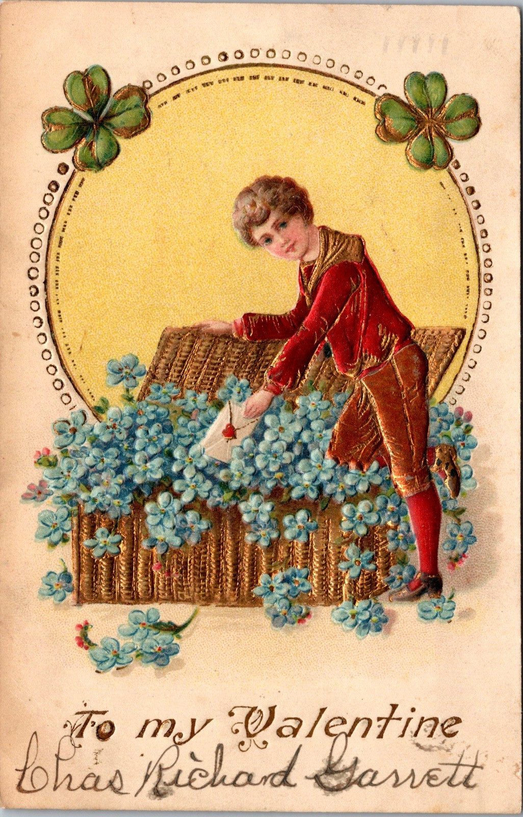 Valentine Postcard Boy in Basket of Flowers Embossed Posted 1907