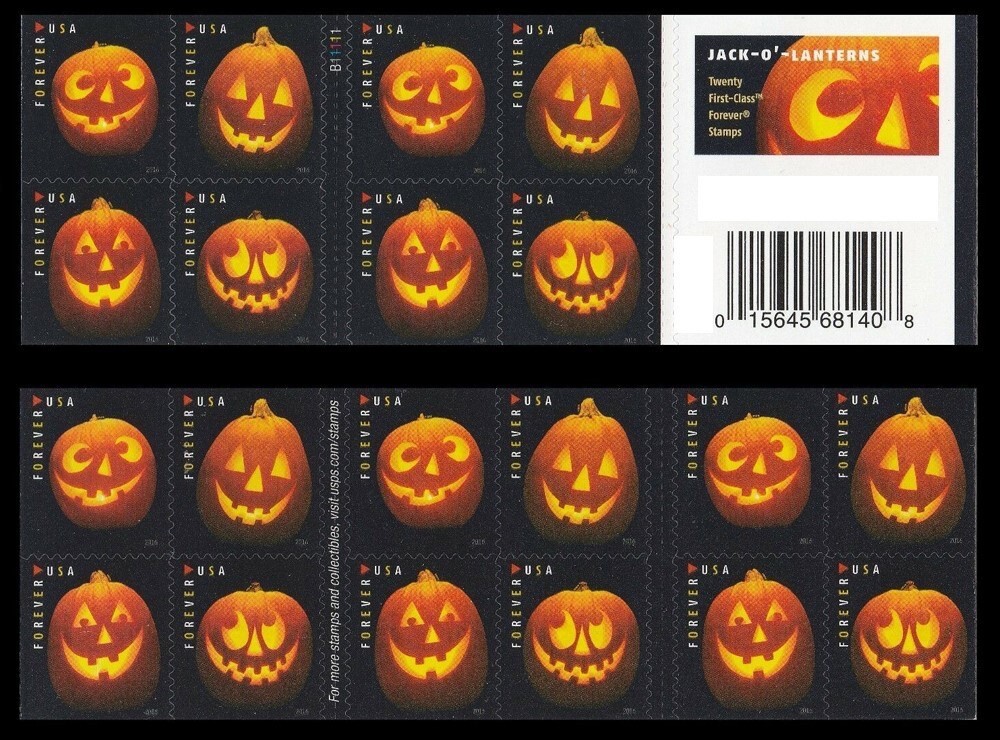 USPS Postage Stamps Sheet of 20 - Jack-O’-Lantern’s - First Class Letter