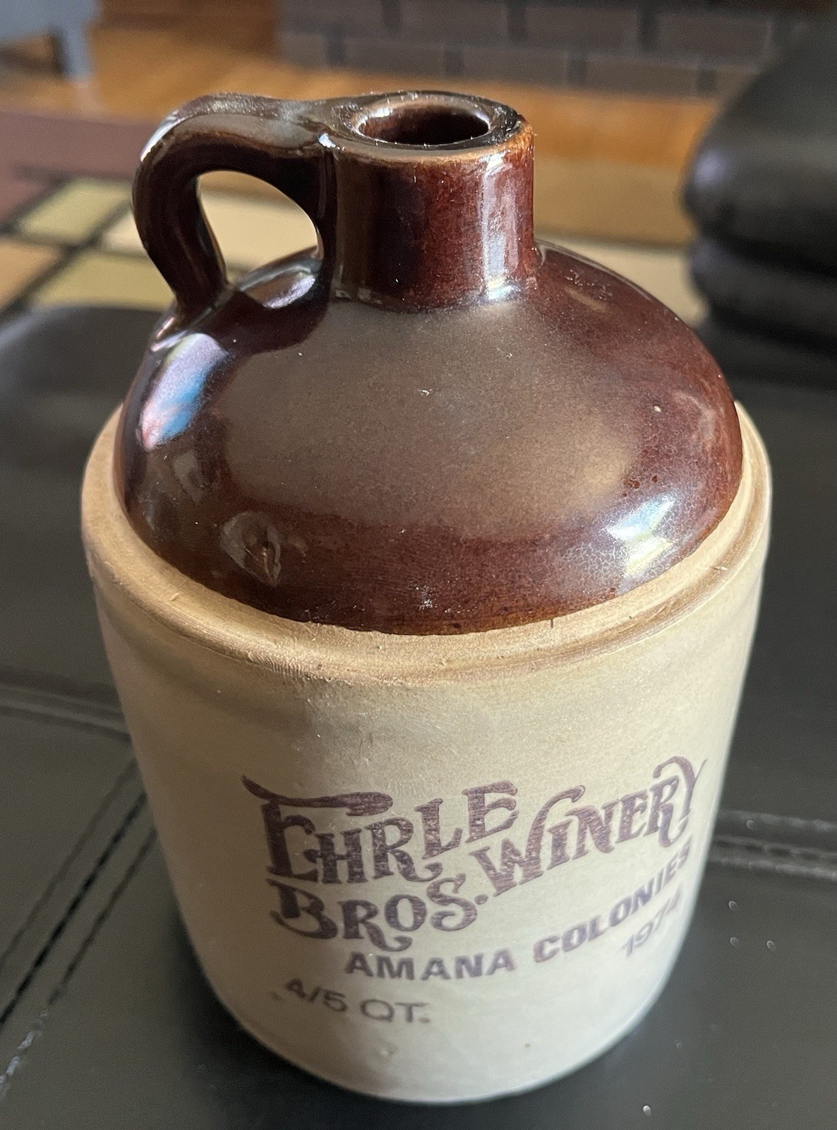 Vintage 1974 Crock Jug Ehrle Bros Winery Amana Colonies Iowa Stoneware 4/5 Qt