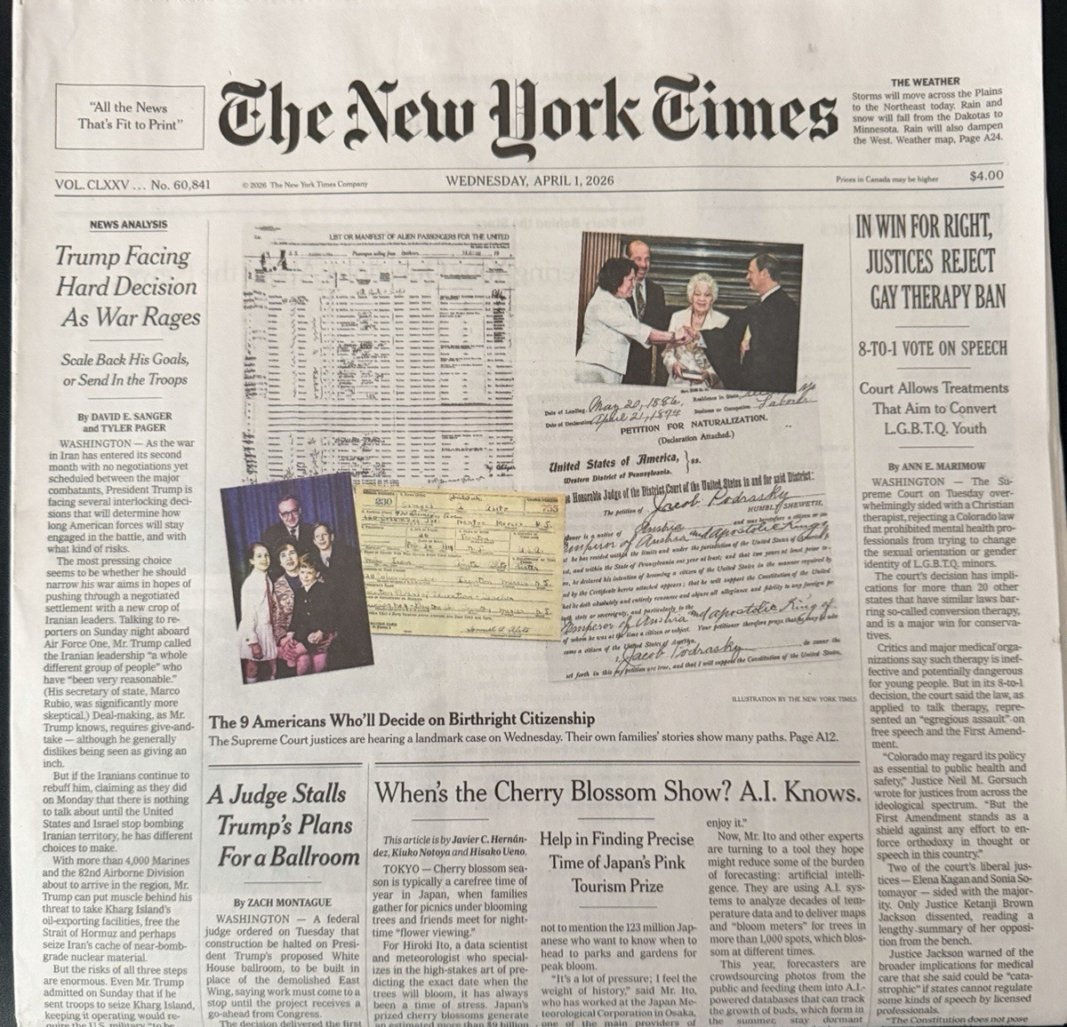 The New York Times Newspaper April 1 2026 Judge Stalls Trumps Plans for Ballroom