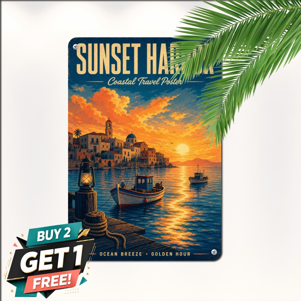 Harbor Sunset Sailboat Marina Tin Sign 8x12 Ocean Coastal Pier Metal Art