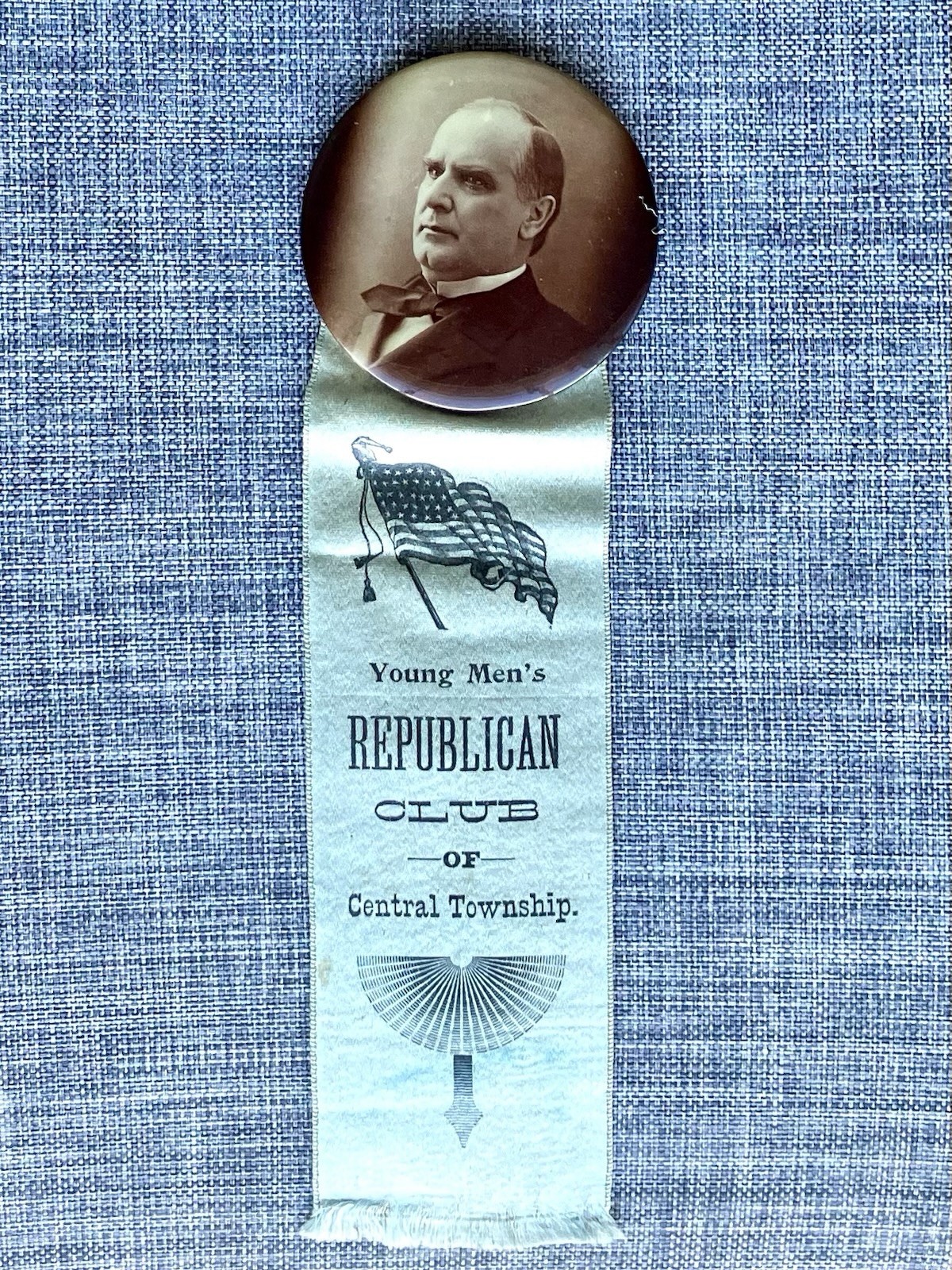 1896 William McKinley 2 1/8” Sepia Photo Cello Button W/Blue Ribbon 7 1/2”L
