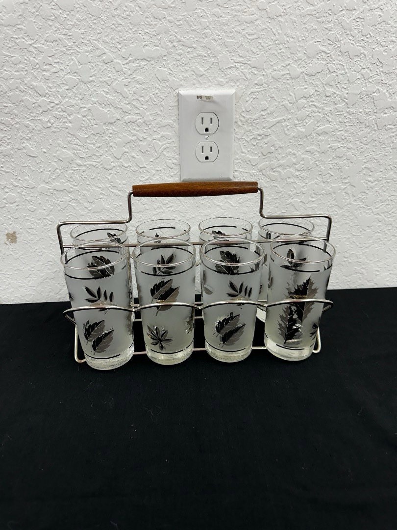 Vtg Mid Century Libbey Set of 8 Frosted Silver Leaf 12 Oz Glasses W Carrier MCM