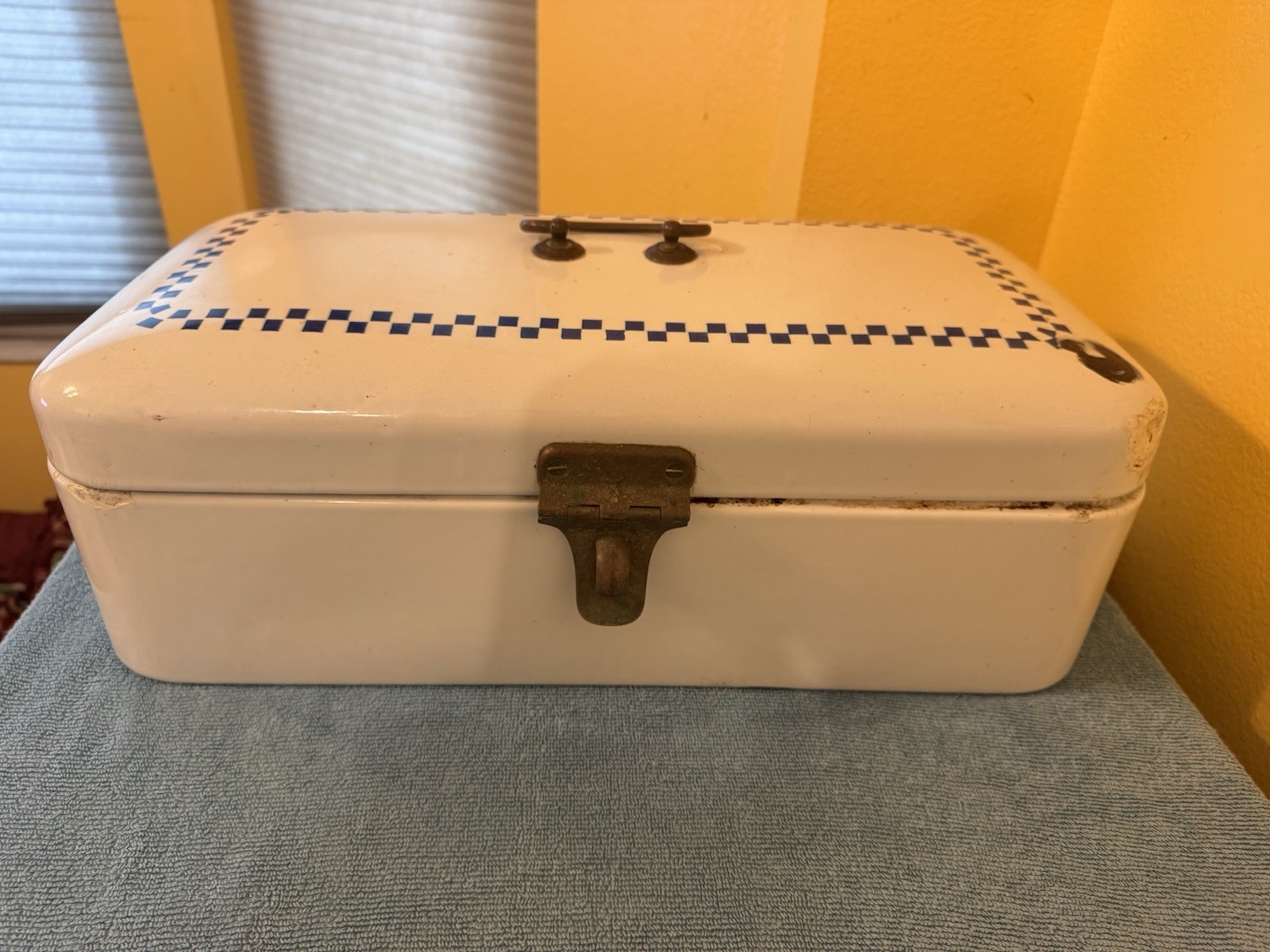 Victorian 18” White Enamel Cover Bread Box w/Blue Check Decor~Bing-Werke~Germany