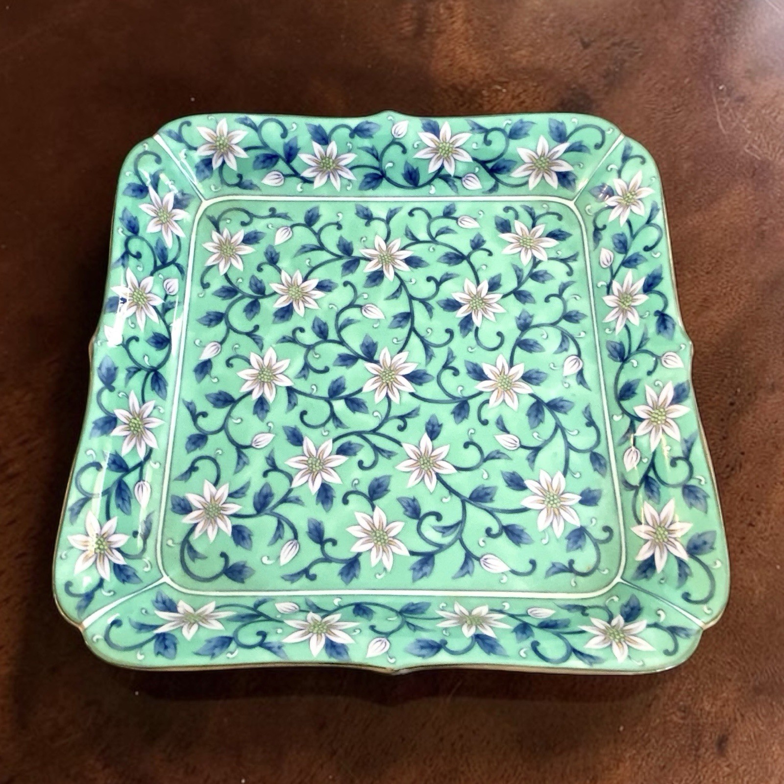 VTG Japanese Kozan Gama Square Serving Tray Jade Color w/ Pink Flowers 1970s EUC