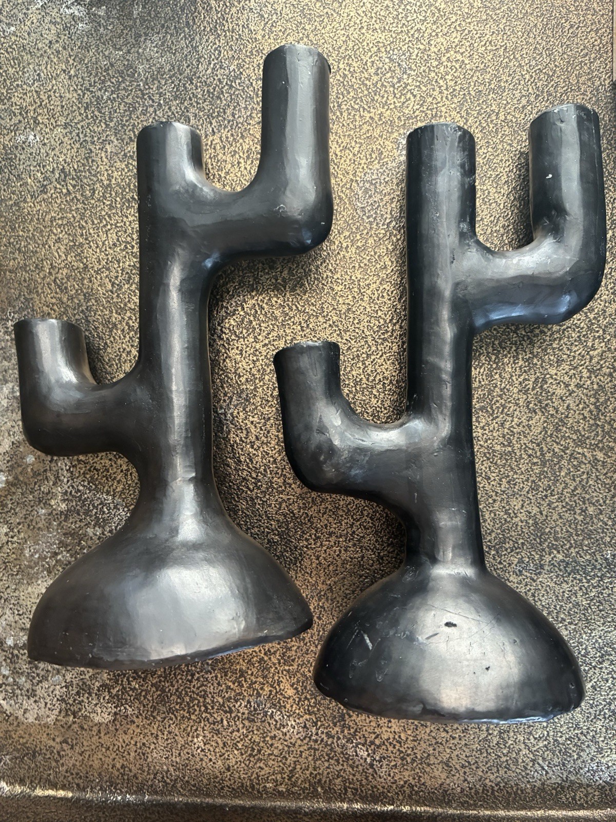 RARE SAN ILDEFONSO SANTA CLARA NATIVE AMER BLACK POTTERY MINI TREE CANDLESTICKS