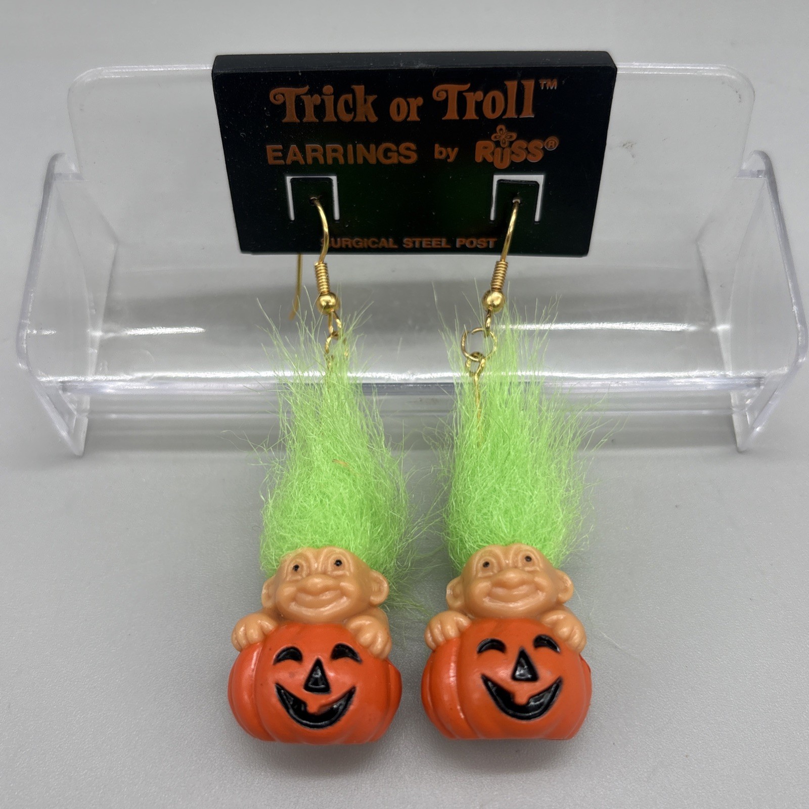 Vintage Russ Berrie Trick or Troll Halloween Earrings Pumpkin Green Hair New 90s
