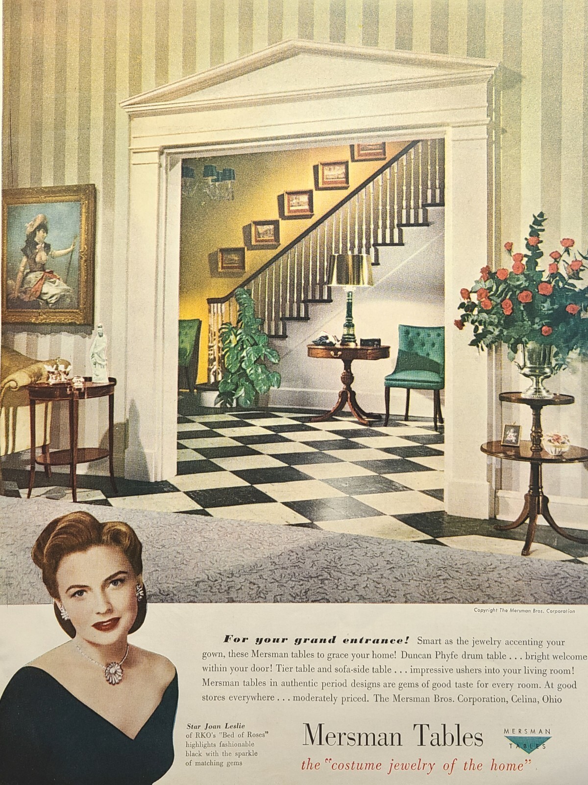 Mersman Tables Celina OH Joan Leslie Movie Bed Of Roses Vintage Print Ad 1950