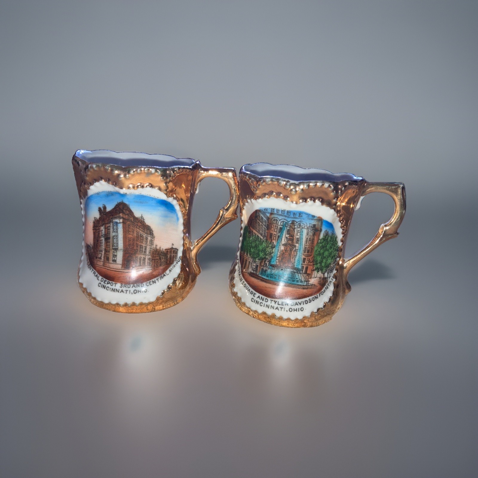 Antique Germany Porcelain Cincinnati Ohio Souvenir Mugs Fountain Square
