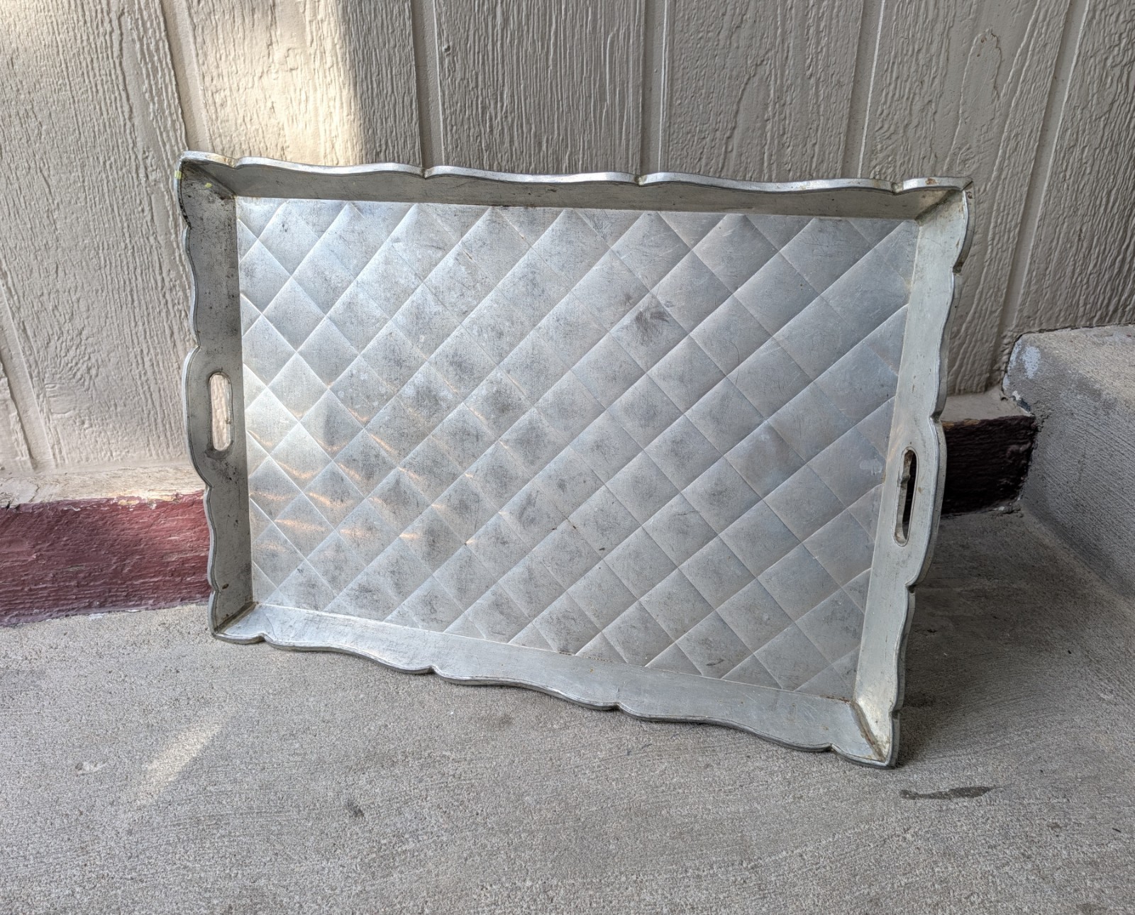 Vintage 1940s Mexican Art Deco Tin Over Wood Serving Tray Embossed Diamond 25