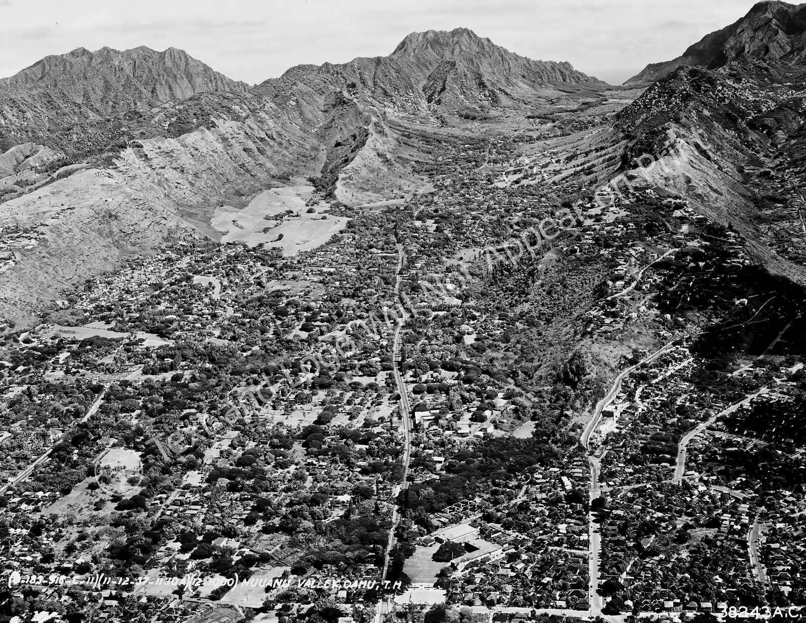 1951 Aerial View of Nuuanu Valley, Oahu, Hawaii Vintage Old Photo Reprint