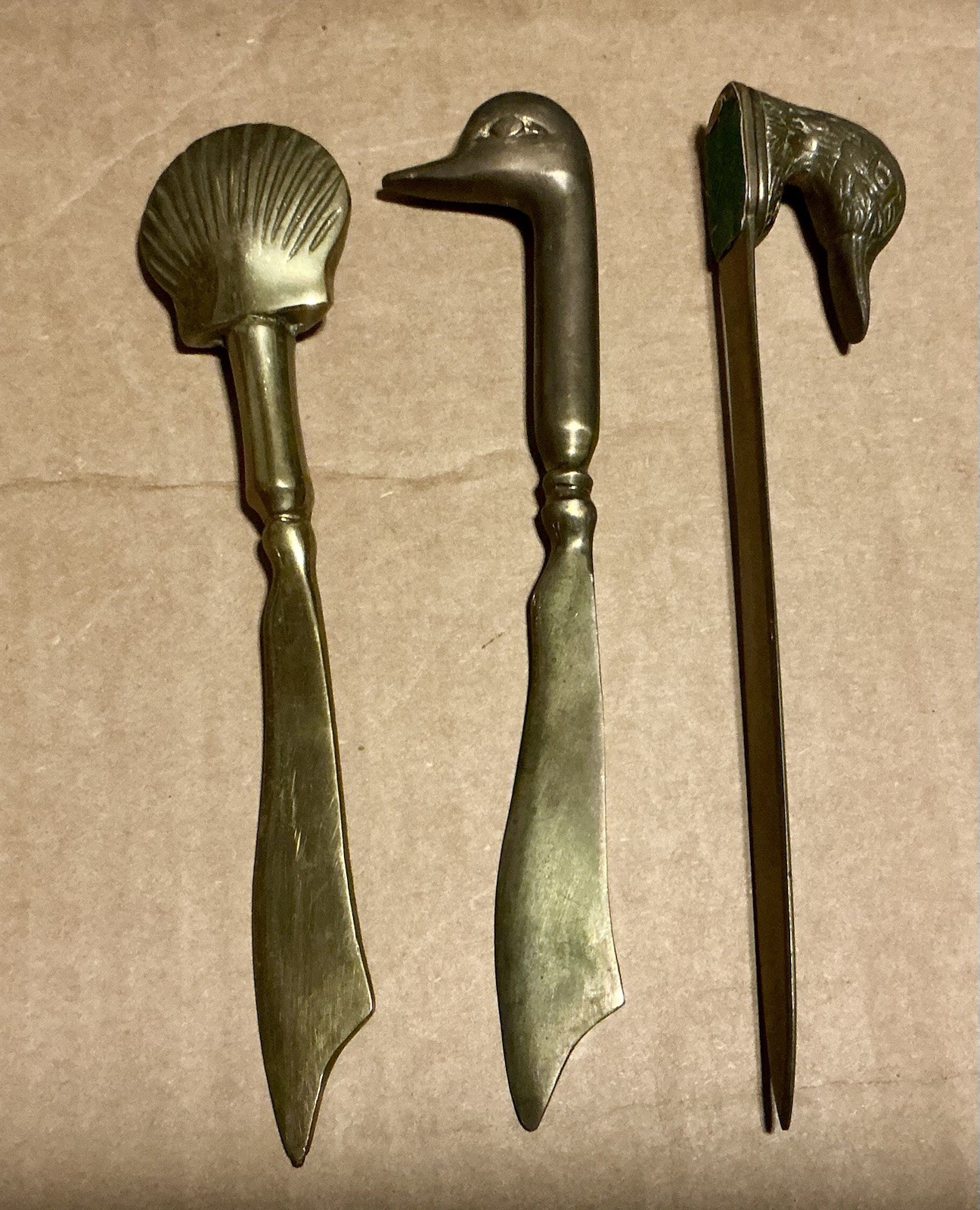 3 Vintage Heavy Solid Brass Letter Openers - Shell and Ducks Duck heads