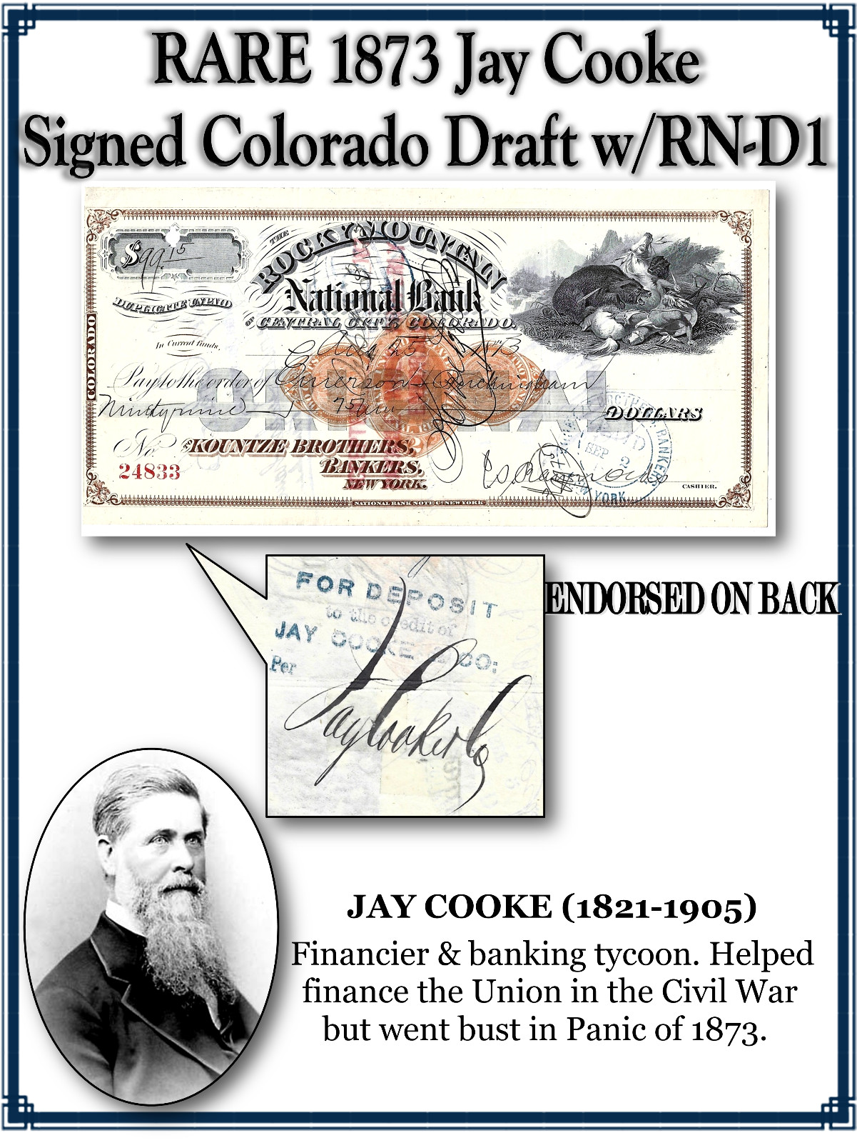 Rare 1873 Jay Cooke Signed Colorado Draft w/RN-D1