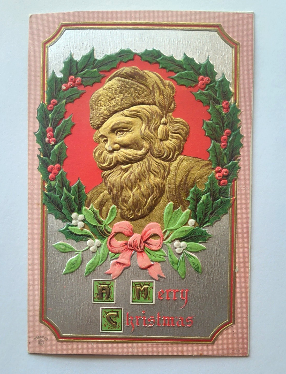 Vintage 1910s Christmas Postcard SANTA CLAUS FACE Gold Face Embossed
