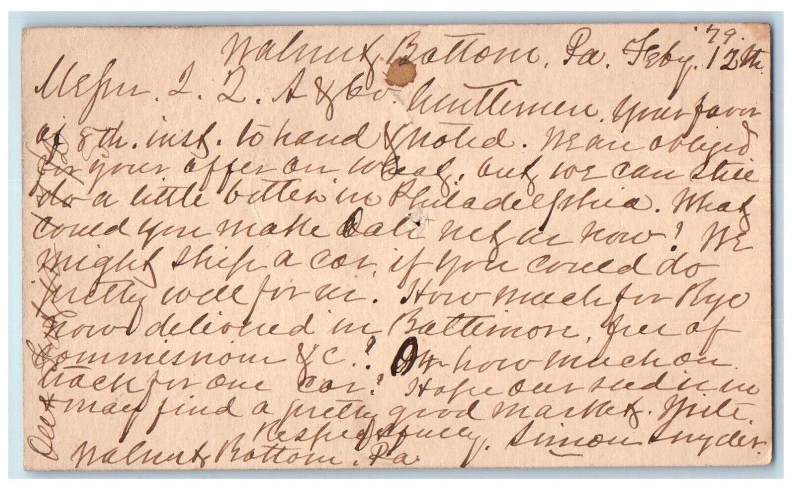 1879 Simon Snyder Walnut Bottom Mechanicsburg Pennsylvania PA Postal Card