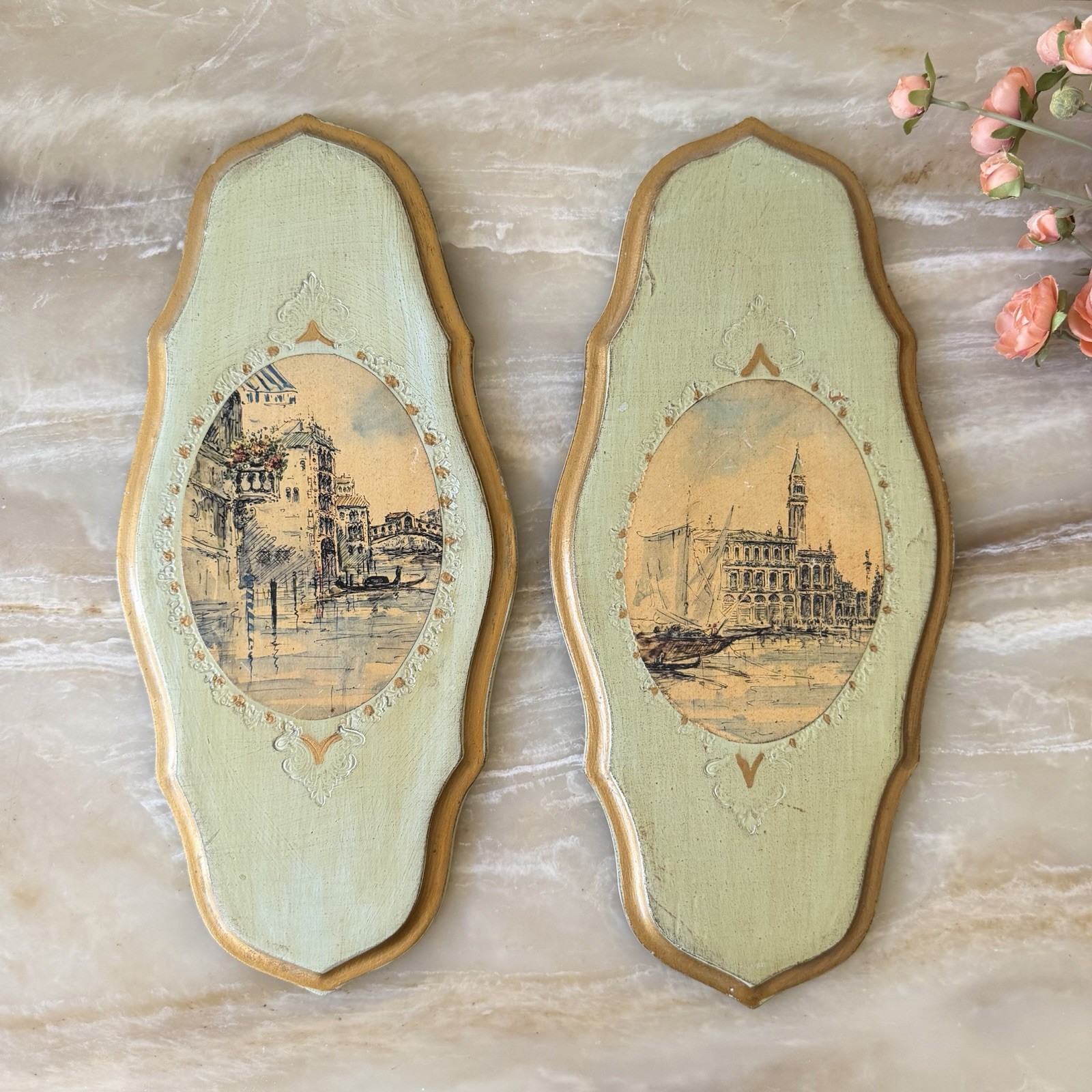 Vintage Set of 2 Italian Florentine Gilt Wood Plaques