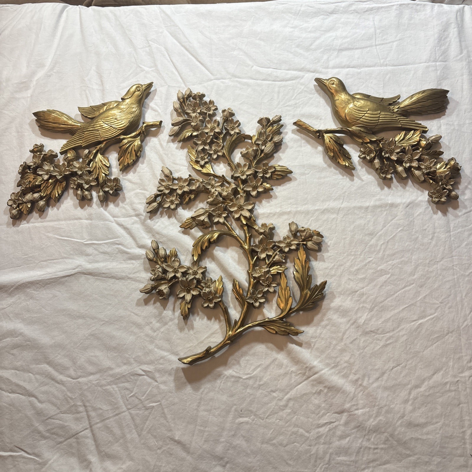 VINTAGE 3 PCS SYROCO GOLD ORNATE 2 BIRDS AND 1 DOGWOOD BRANCH WALL HANGINGS