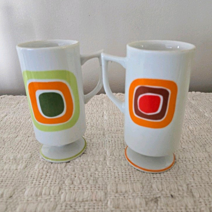 Vintage 1960s Retro Mug Set of 2 Orange Green Red Geometric Square Design