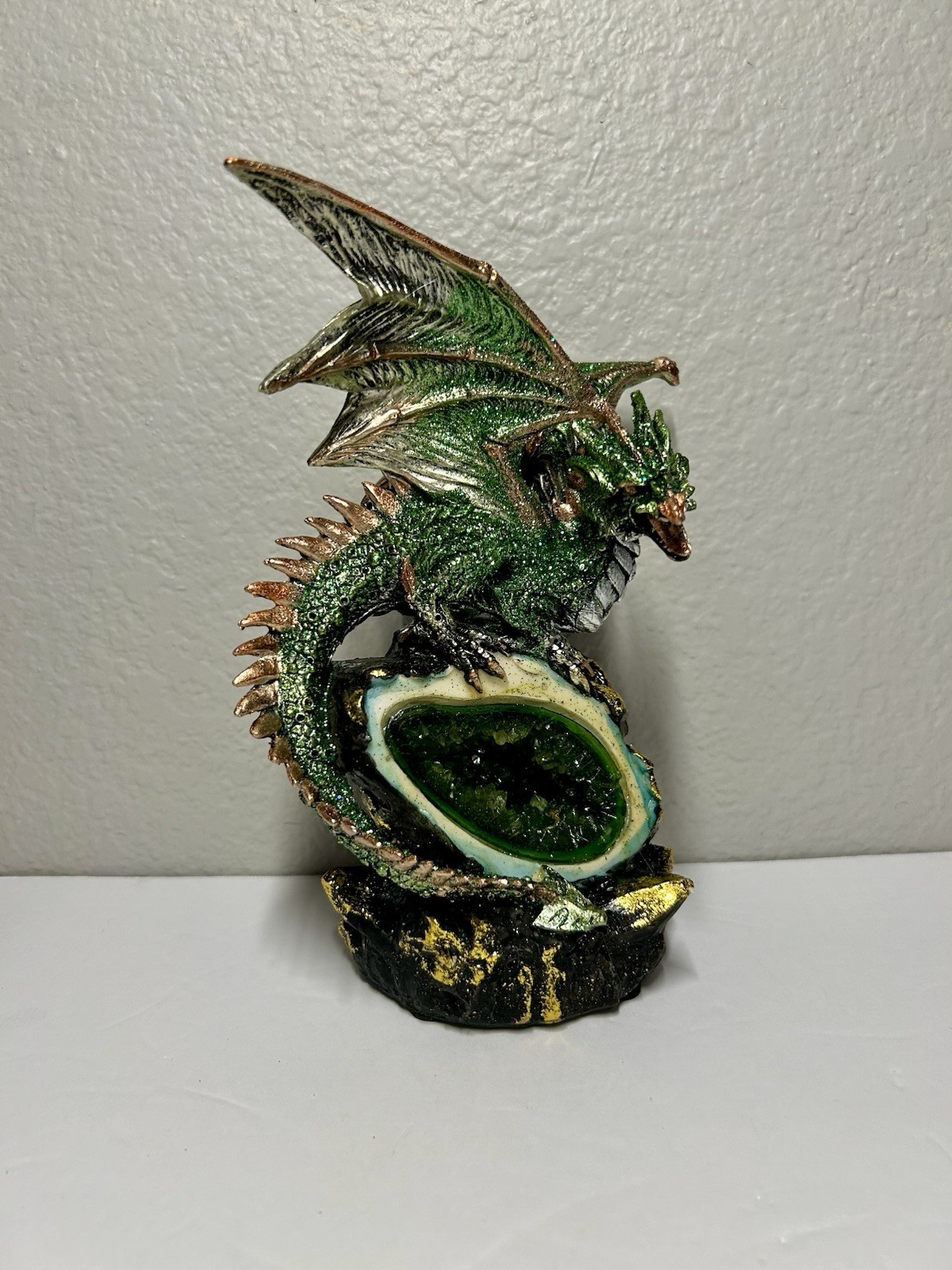 Emerald Crystal Dragon Figurine Glittery Green Wicked Dragon 8”