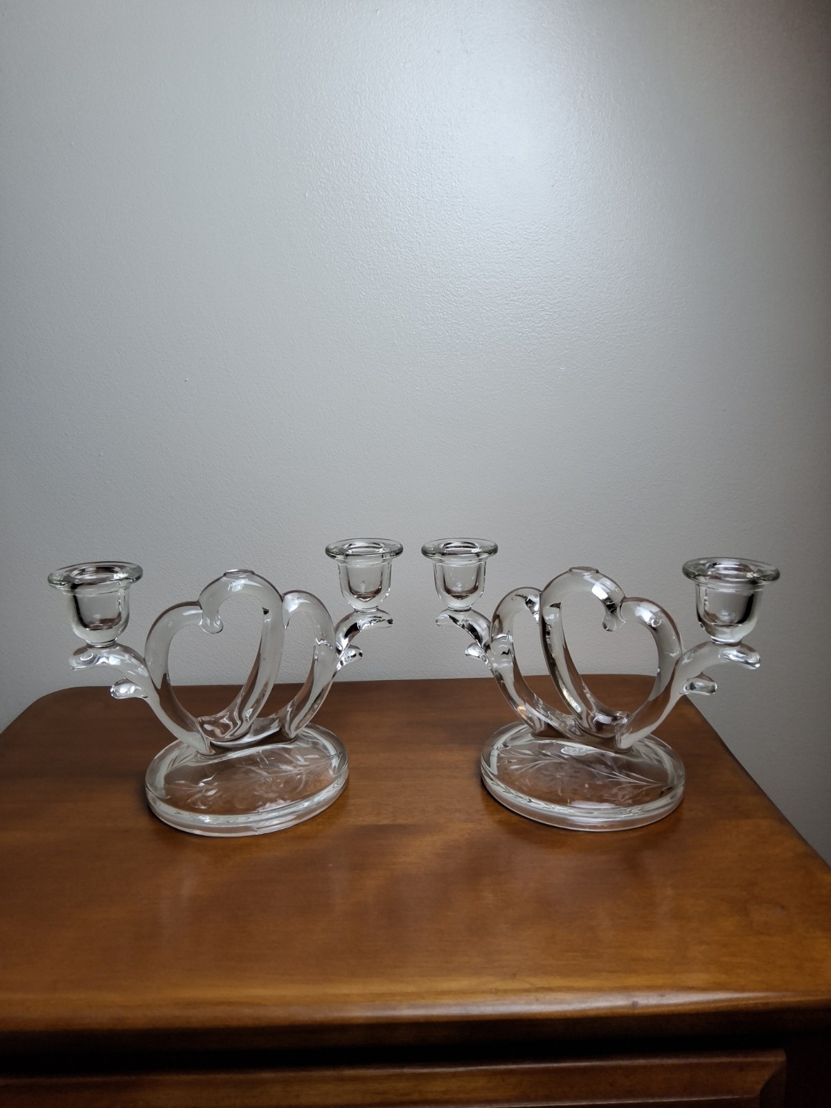 Vintage Imperial Glass Double Heart Candelabra Candle Holders (Set of 2)