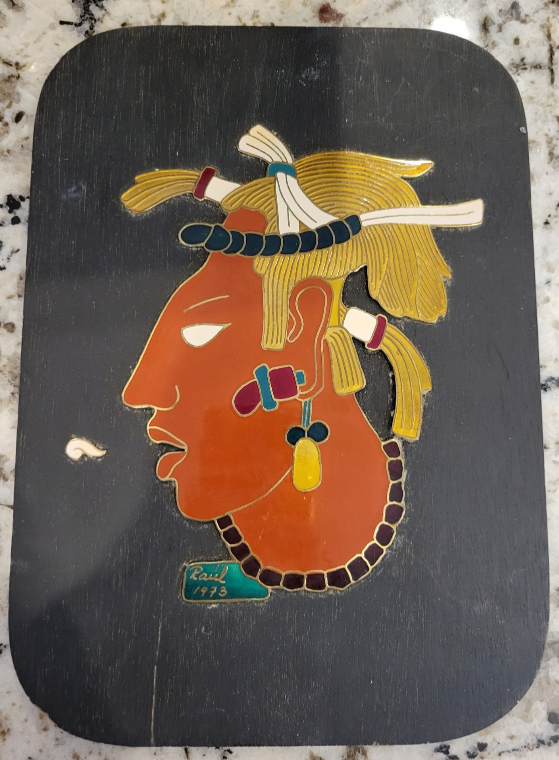Vintage 1973 Raul Mexican Maya King Palenque Copper Enamel Wall Plaque
