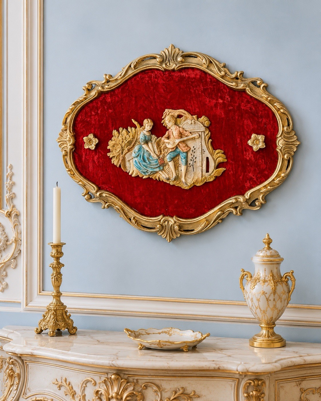Empire Italy 1960s Wall Plaque Courting Couple Mandolin Rococo Red Velvet 20x15\