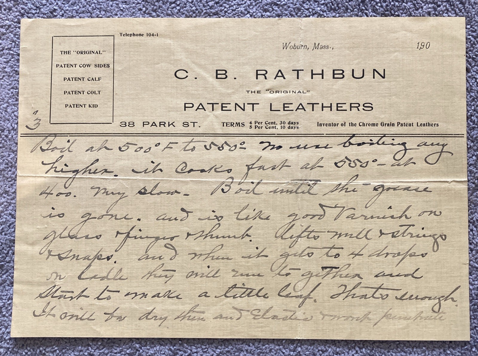 c1905 Woburn Mass Patent Leathers CB Rathburn Inventor Chrome Leathers Recipe