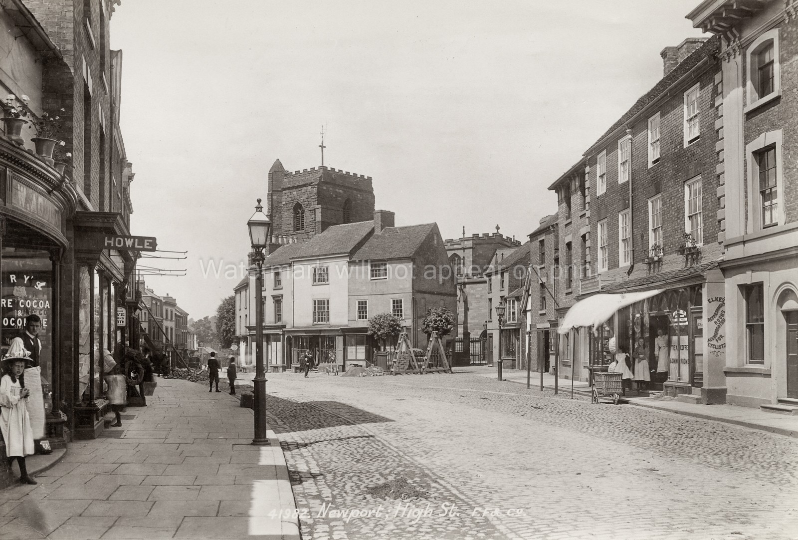 Newport Wales High Street Scene Shops Church People Vtg. Photo 19thC.