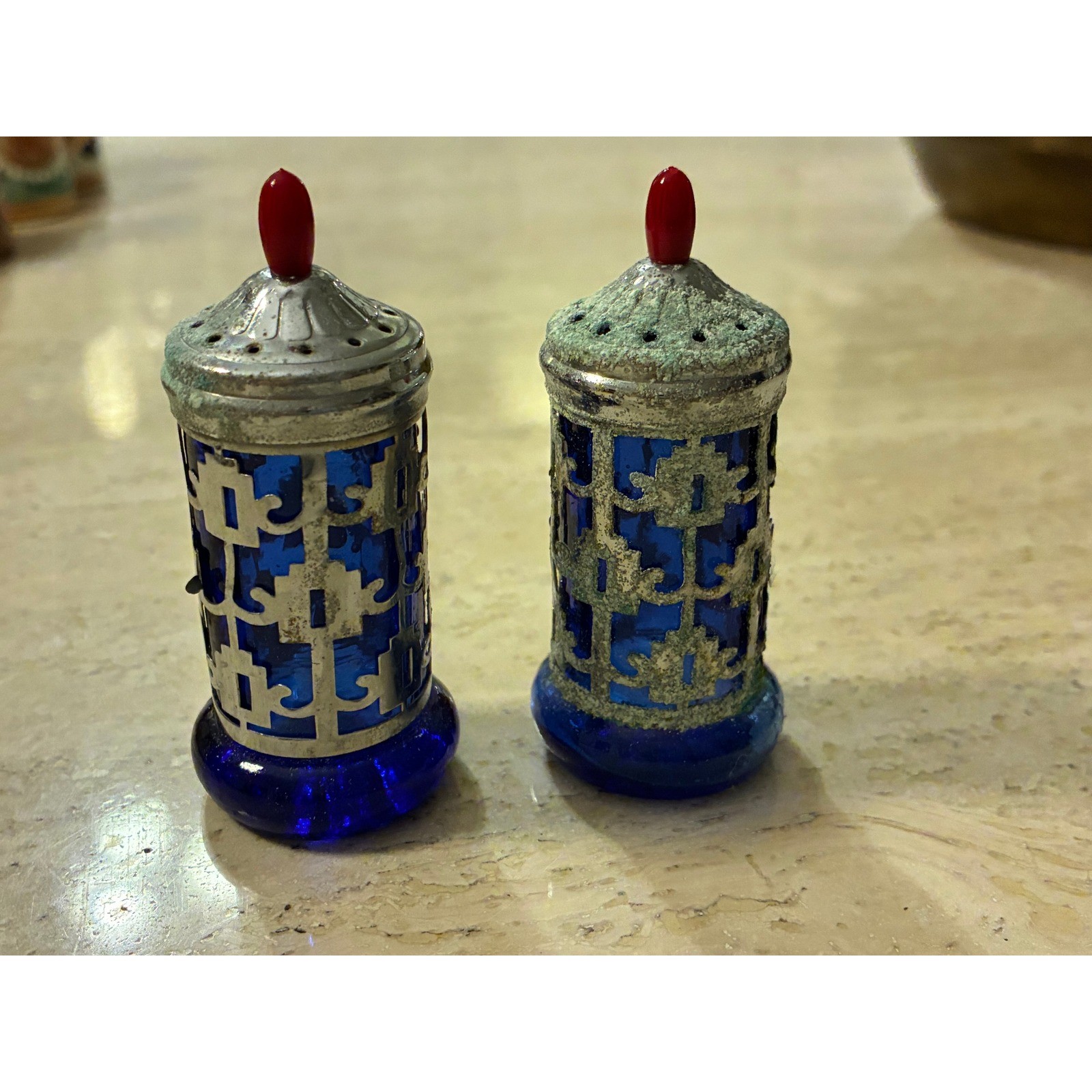 Vintage Cobalt Blue Glass Salt Pepper Shakers Silver Filigree Red Finial Fair