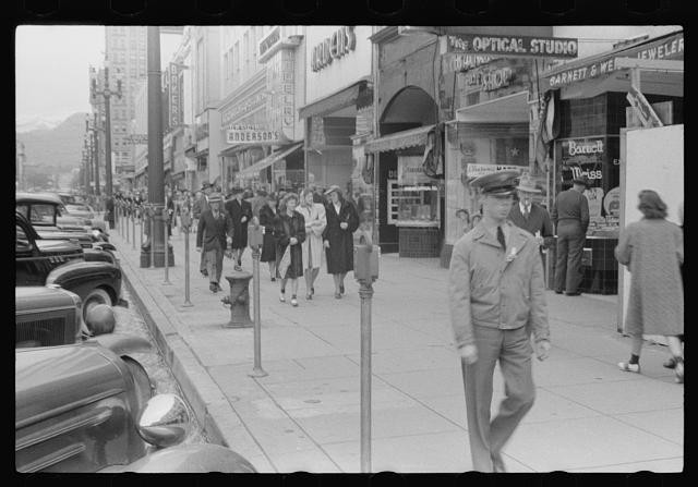 Downtown Street Scene 1930s The Optical Studio Storefront Pedestrians Cars