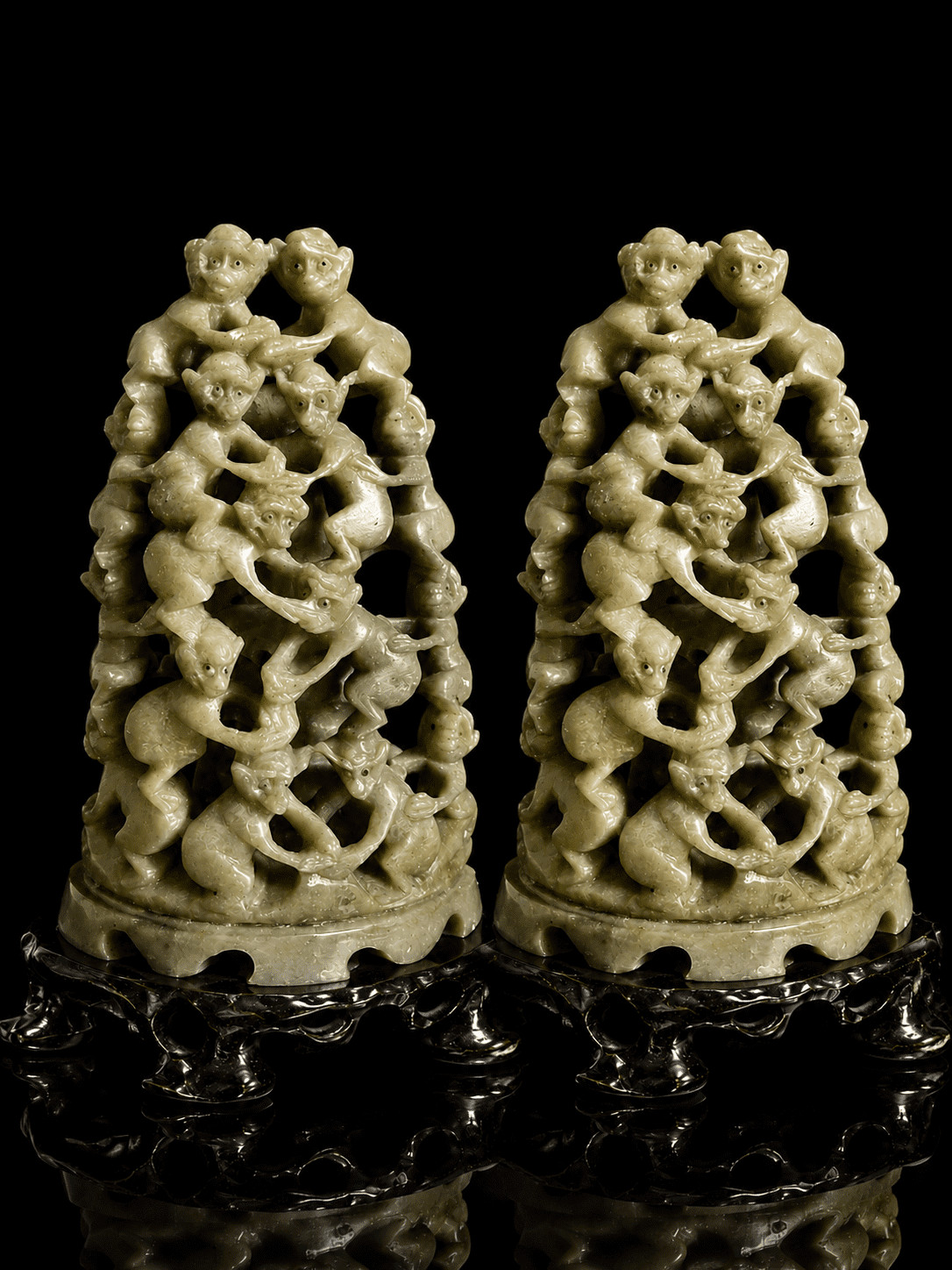 Vintage 1940's Chinese Hand Carved Jade Soapstone Ten Monkeys Acrobatic Statue
