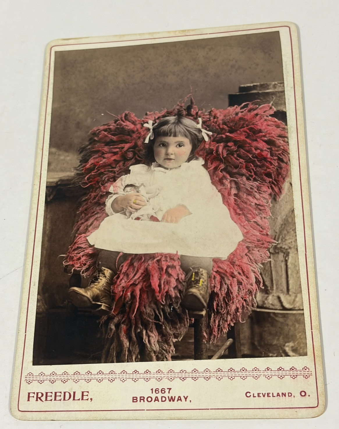 Victorian Hand Coloured Cabinet Card Photo Girl Holding Doll in a Chair