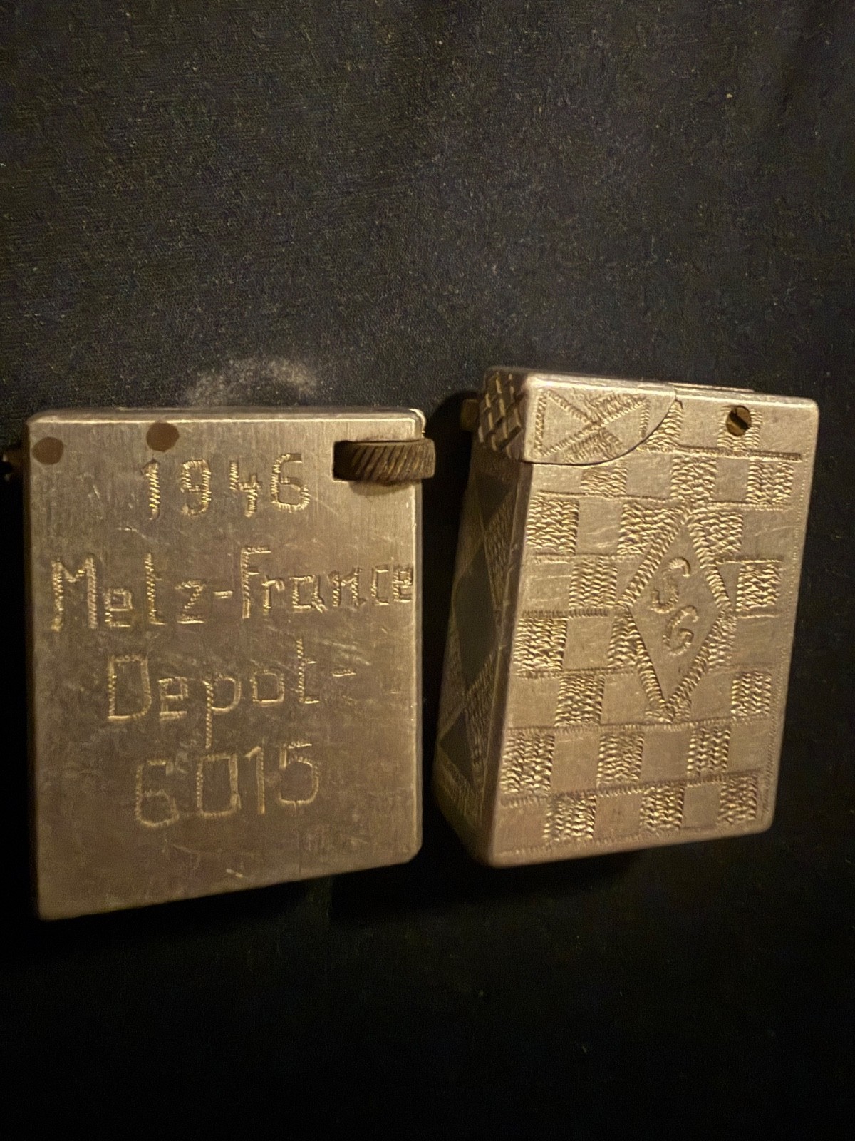 Vintage 1946 WWII Trench Art Lighter Lot Metz France Depot 8015 Post War Militar